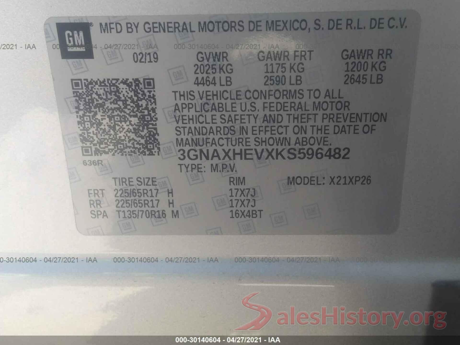 3GNAXHEVXKS596482 2019 CHEVROLET EQUINOX