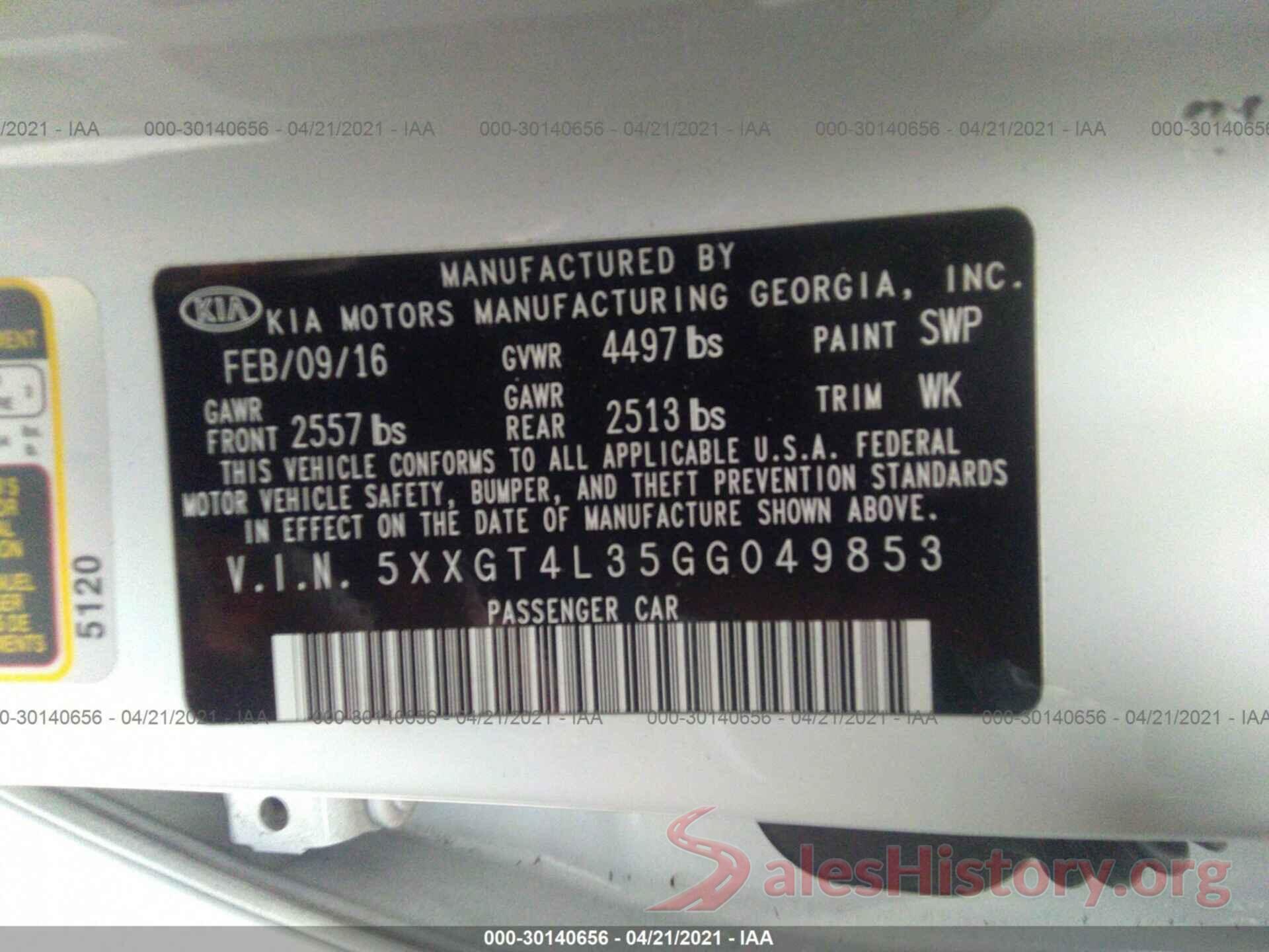 5XXGT4L35GG049853 2016 KIA OPTIMA