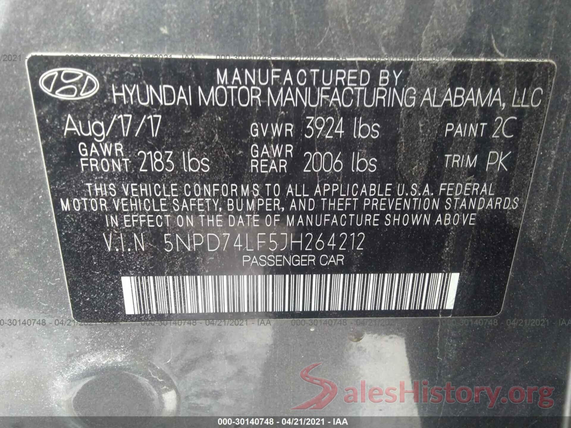 5NPD74LF5JH264212 2018 HYUNDAI ELANTRA