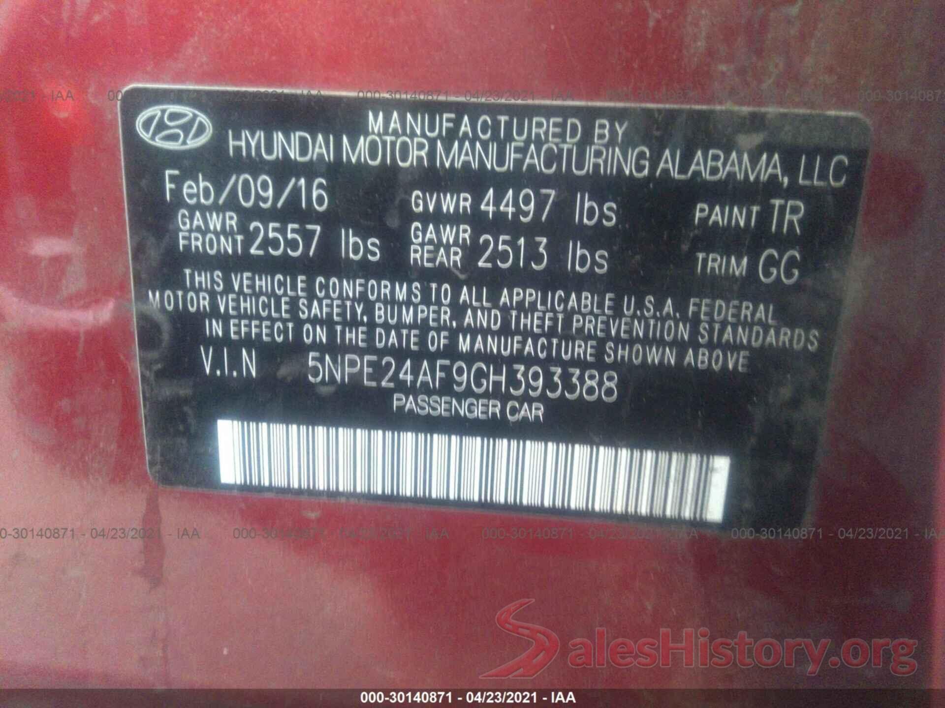 5NPE24AF9GH393388 2016 HYUNDAI SONATA