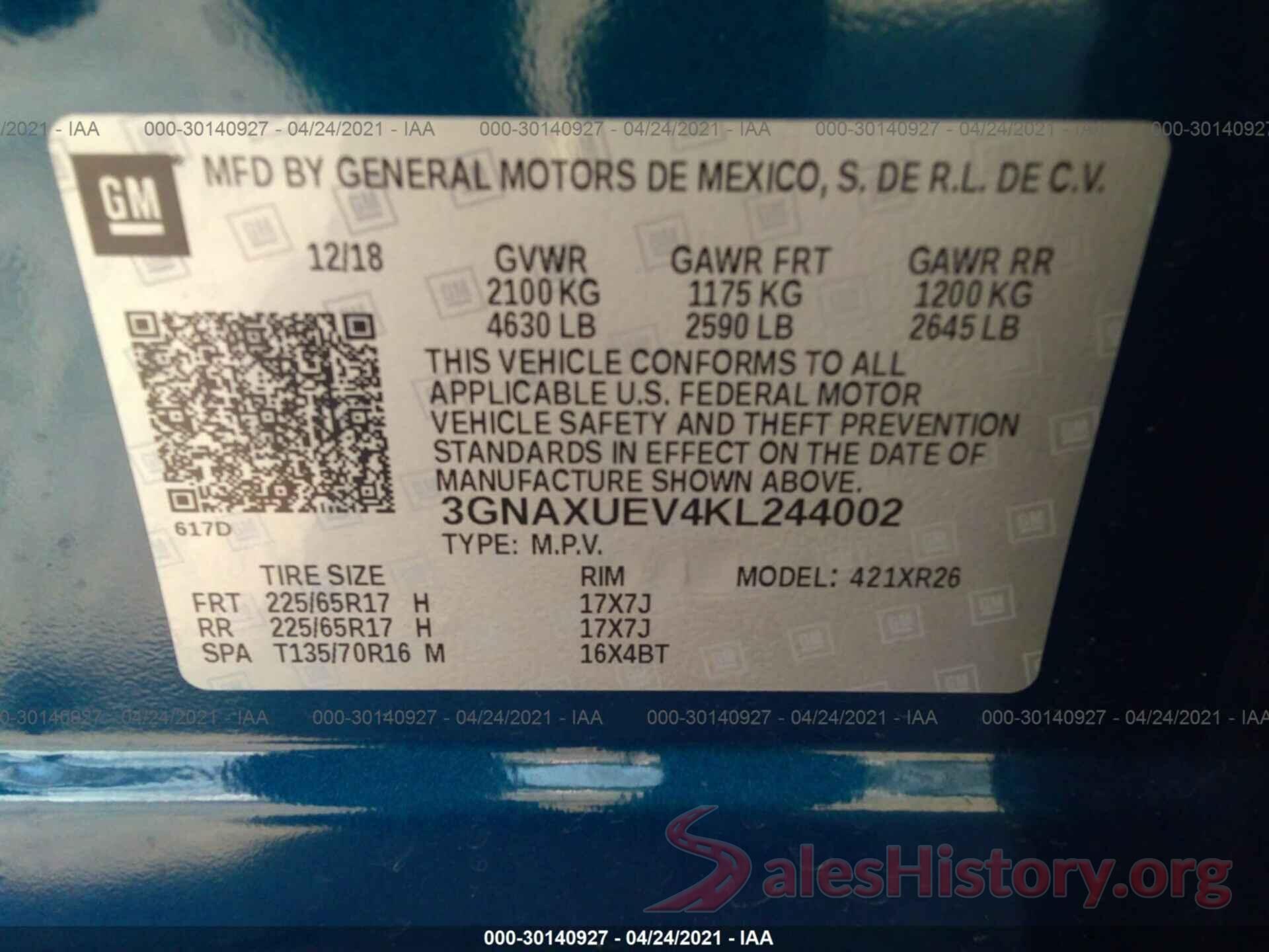 3GNAXUEV4KL244002 2019 CHEVROLET EQUINOX