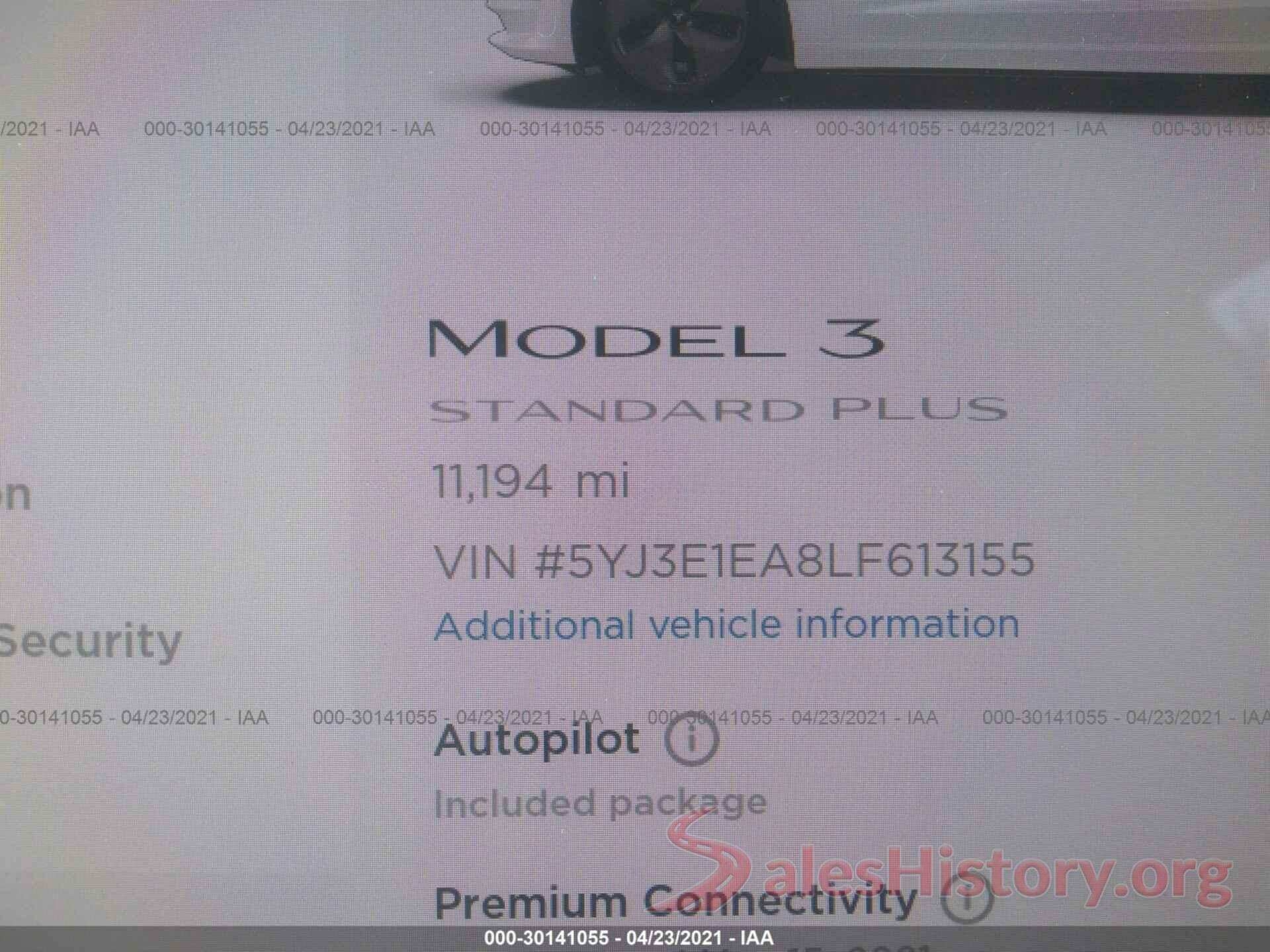 5YJ3E1EA8LF613155 2020 TESLA MODEL 3