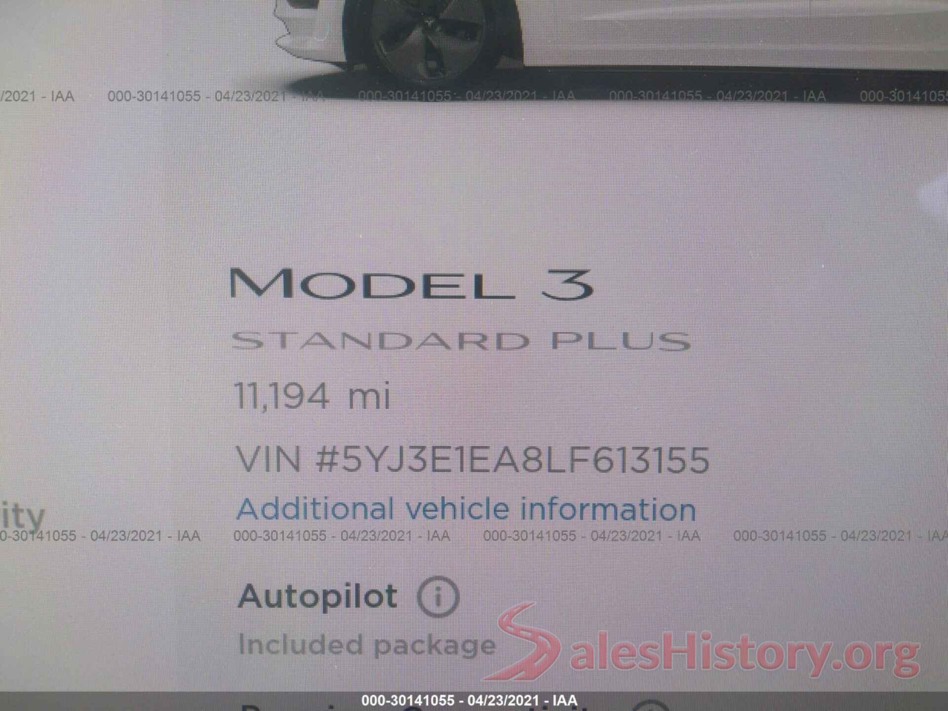 5YJ3E1EA8LF613155 2020 TESLA MODEL 3