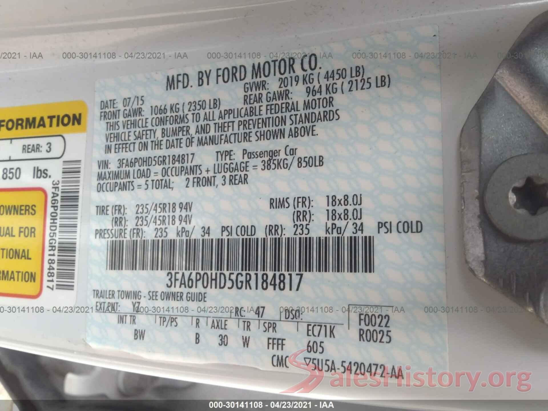 3FA6P0HD5GR184817 2016 FORD FUSION