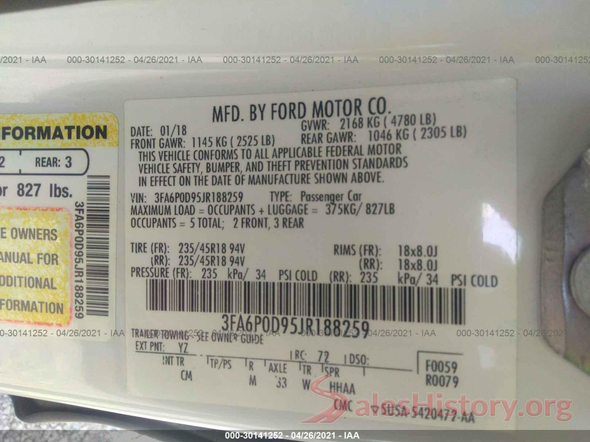 3FA6P0D95JR188259 2018 FORD FUSION