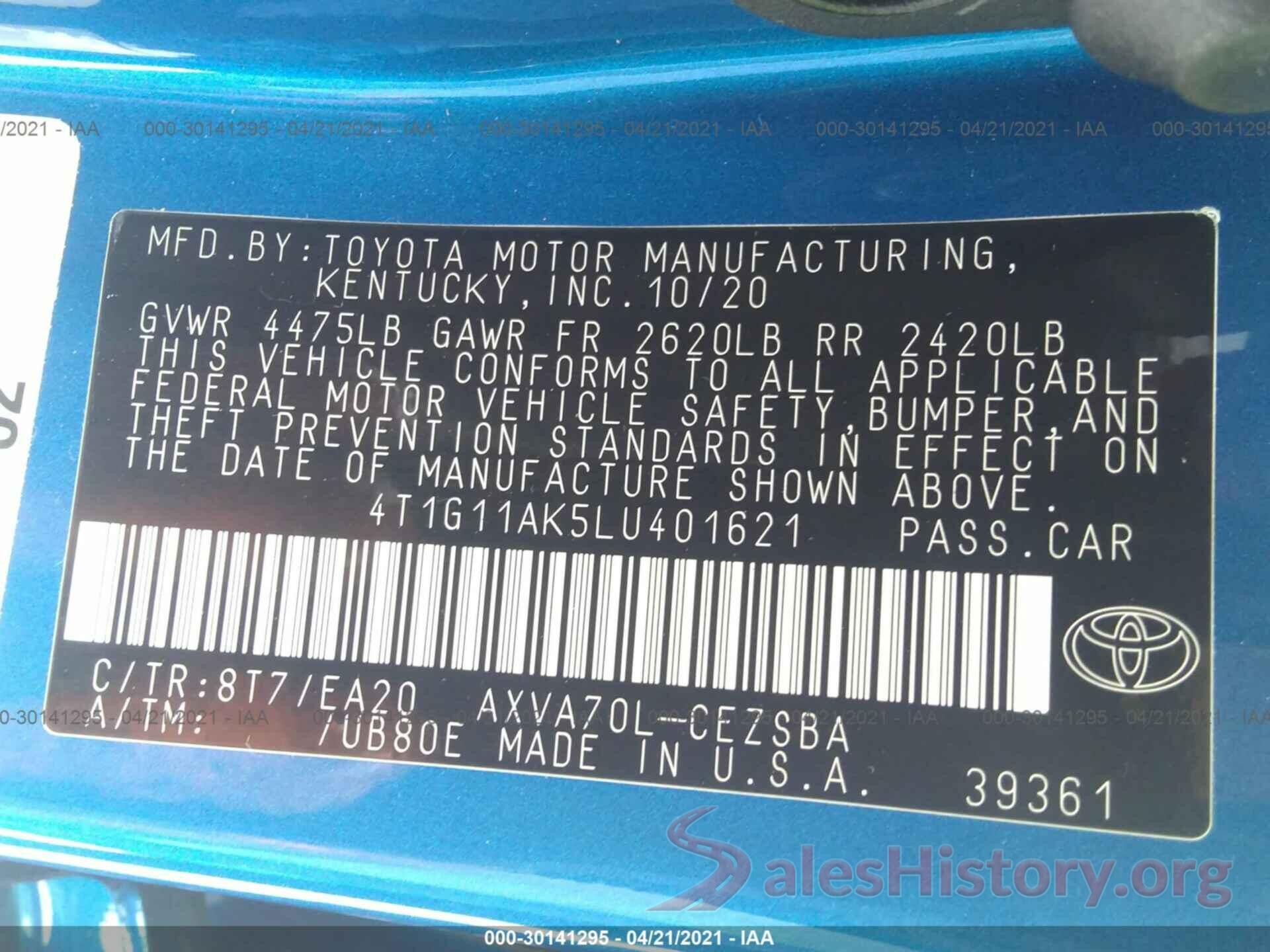 4T1G11AK5LU401621 2020 TOYOTA CAMRY