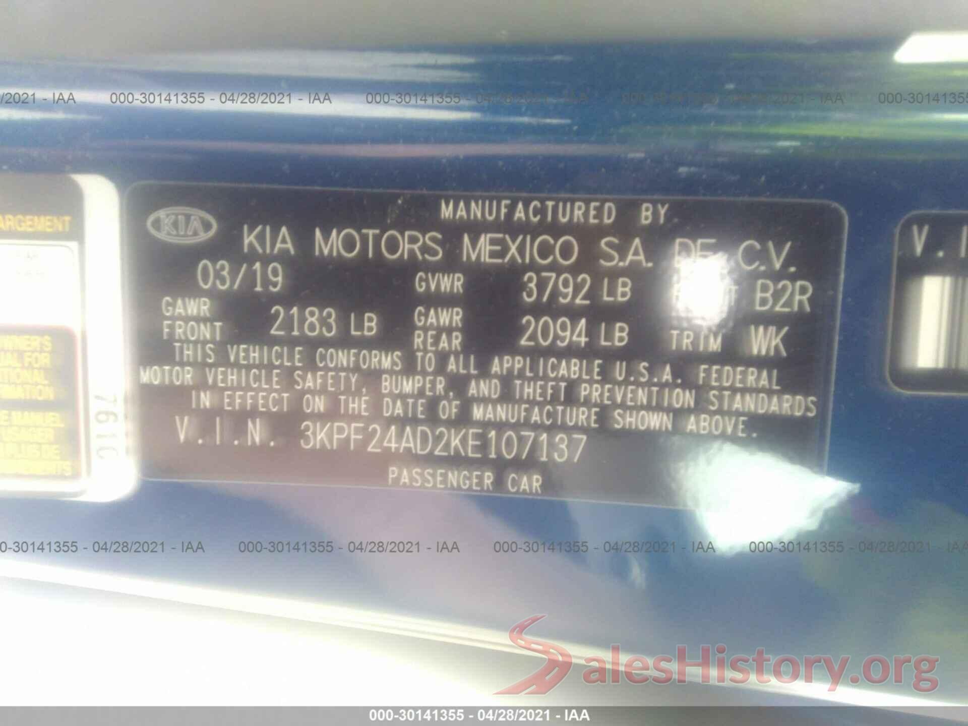 3KPF24AD2KE107137 2019 KIA FORTE