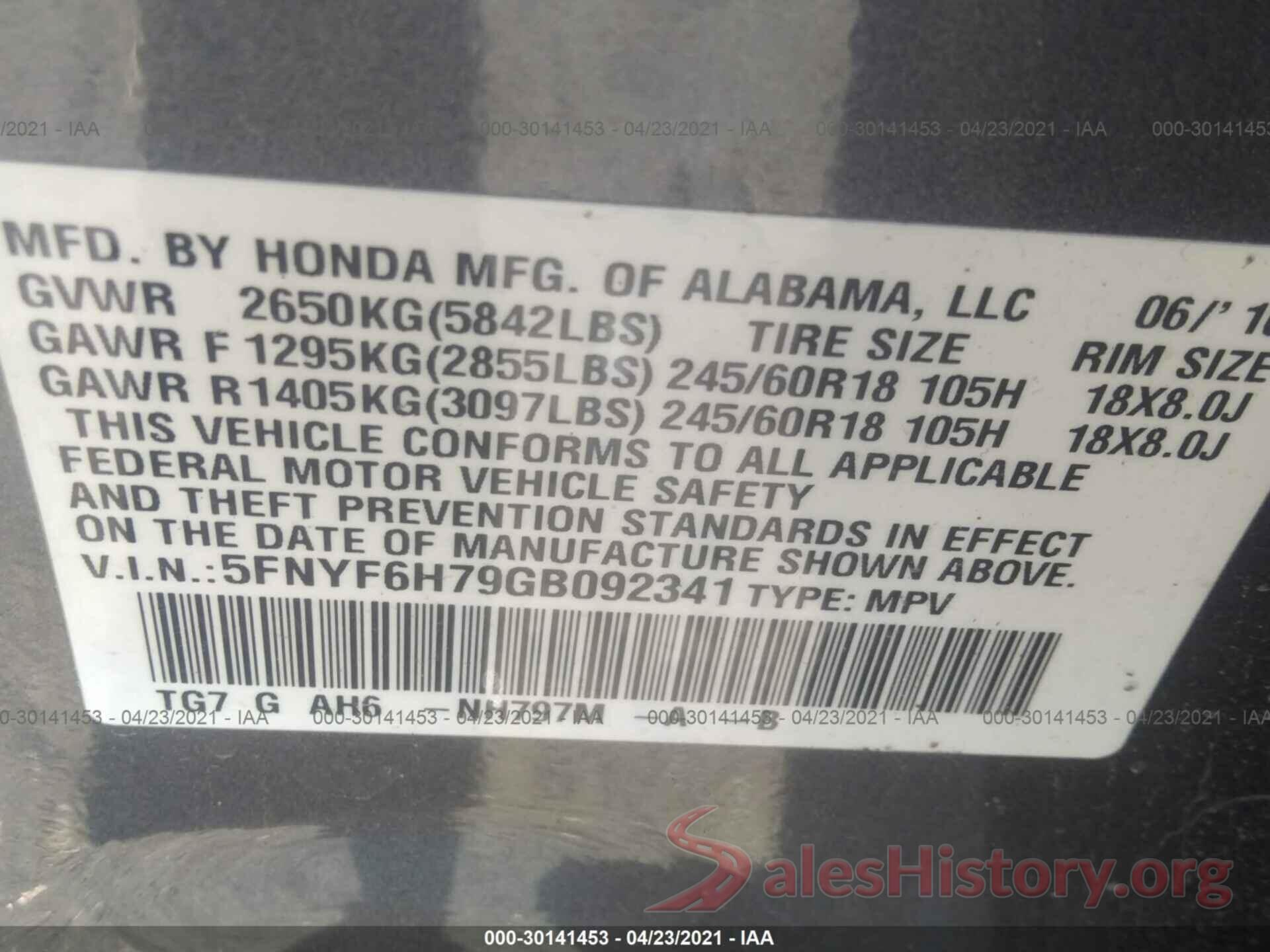 5FNYF6H79GB092341 2016 HONDA PILOT