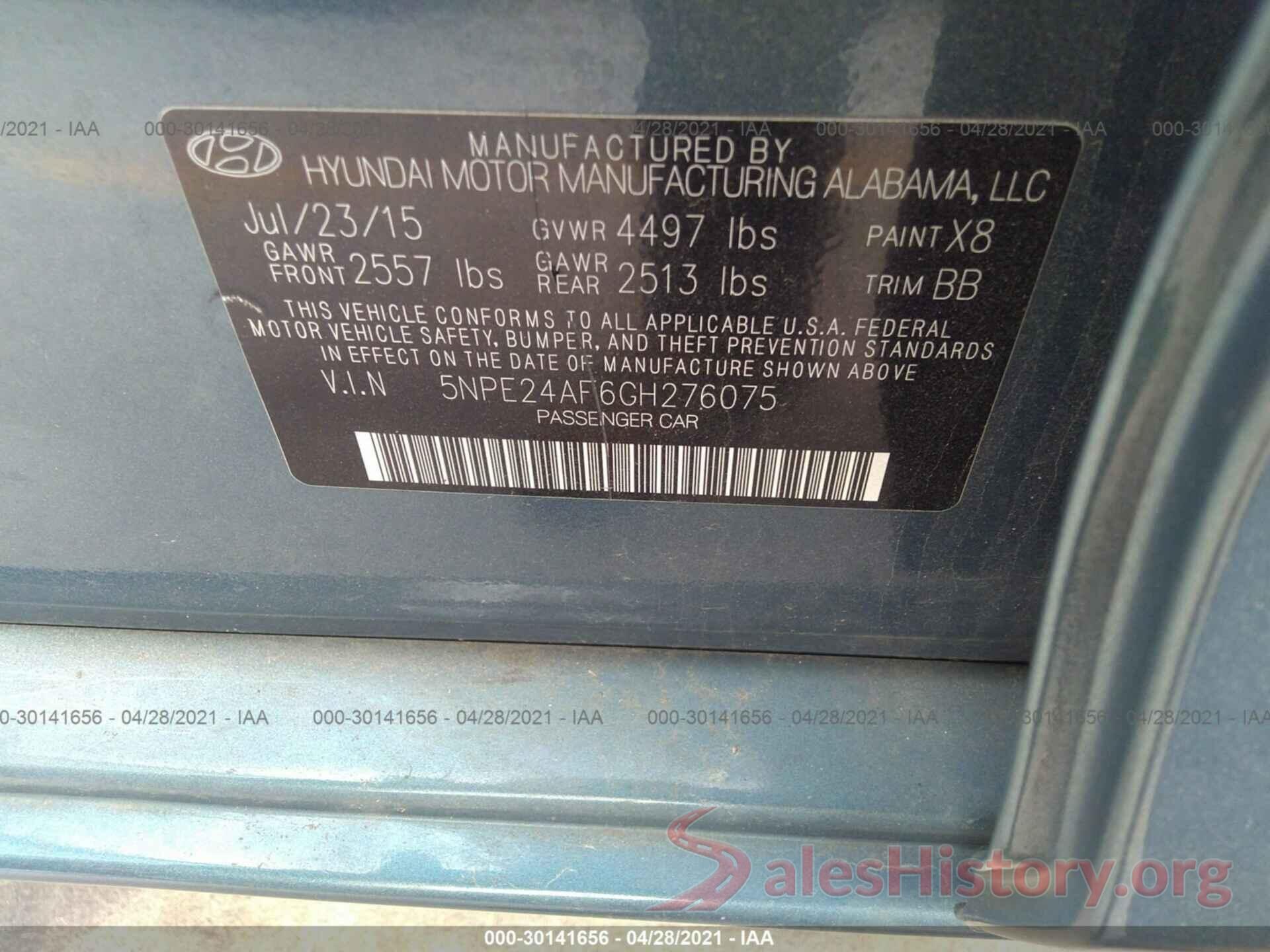 5NPE24AF6GH276075 2016 HYUNDAI SONATA