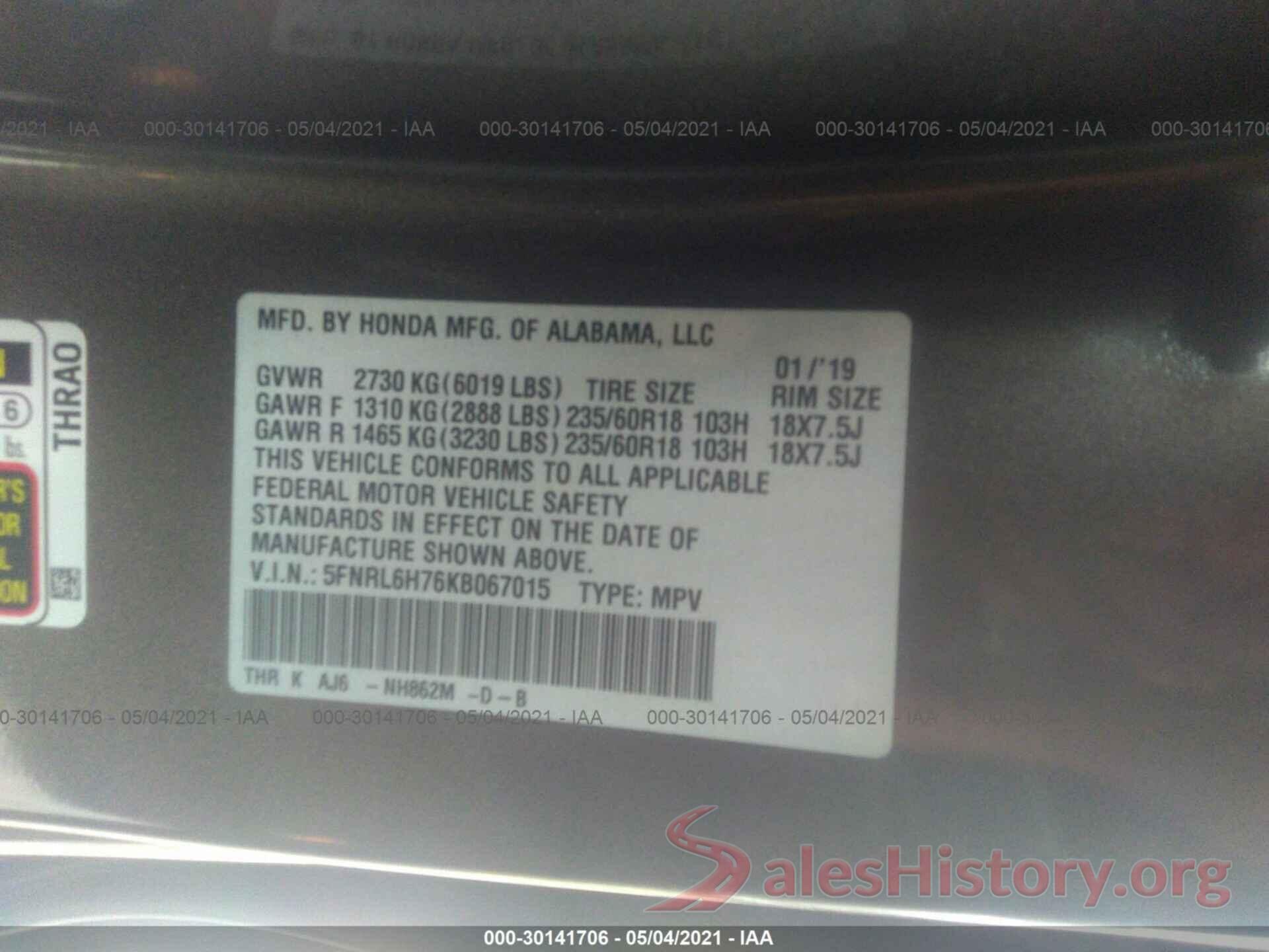 5FNRL6H76KB067015 2019 HONDA ODYSSEY