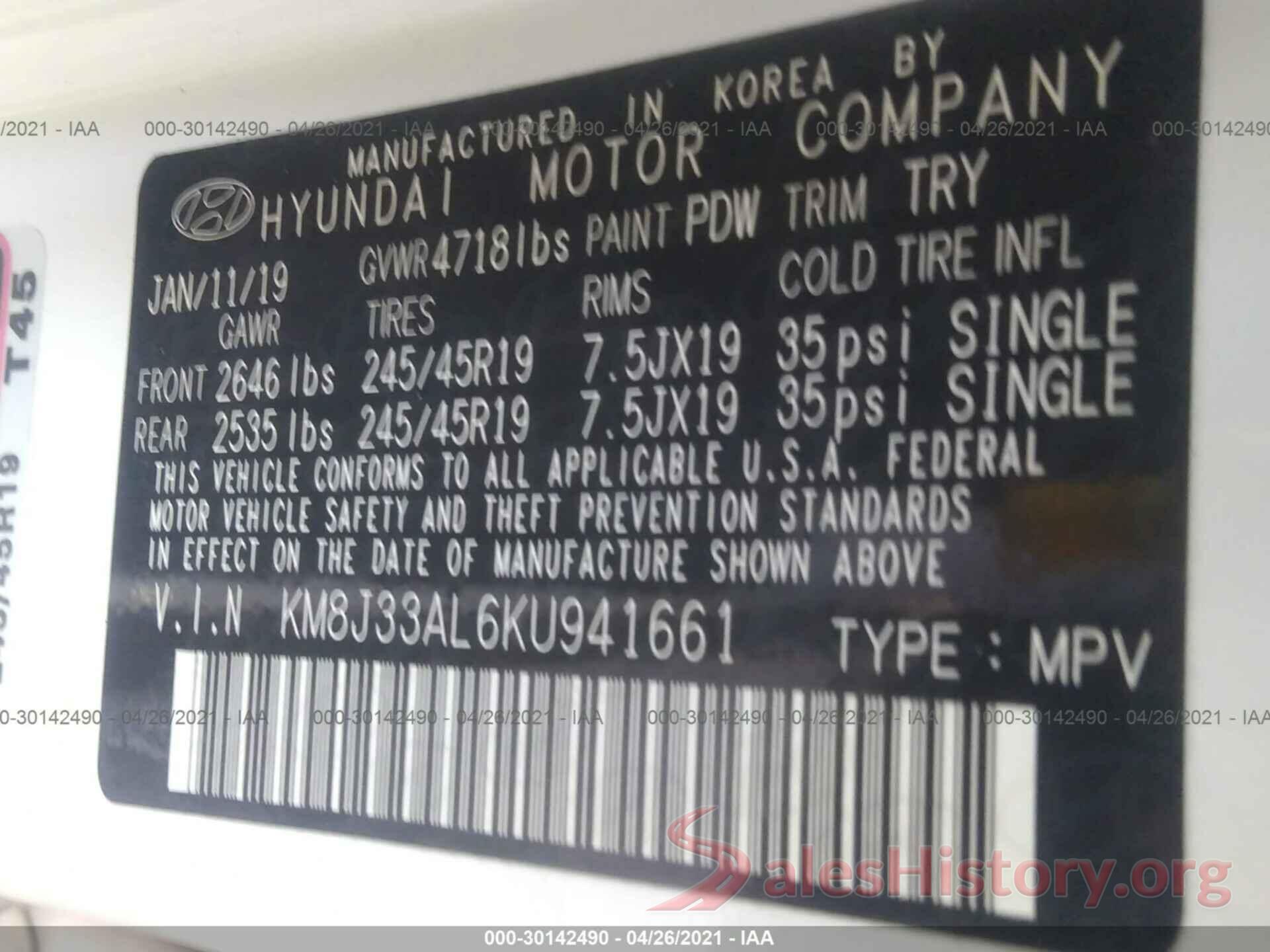 KM8J33AL6KU941661 2019 HYUNDAI TUCSON