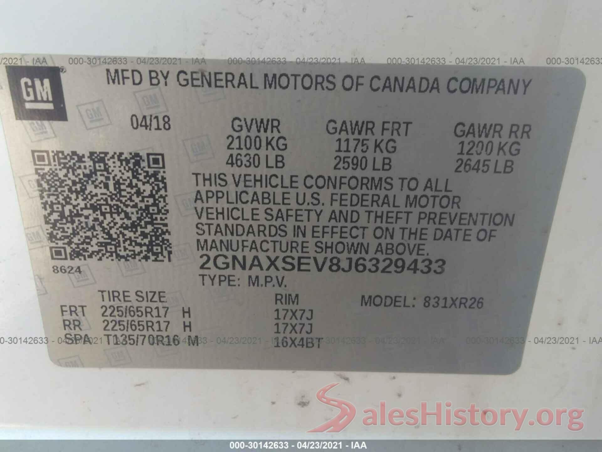 2GNAXSEV8J6329433 2018 CHEVROLET EQUINOX