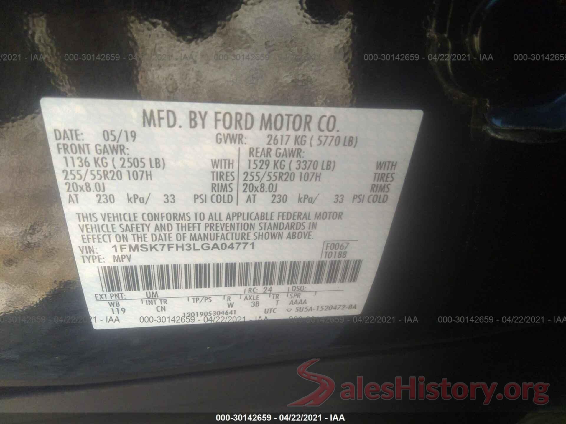 1FMSK7FH3LGA04771 2020 FORD EXPLORER