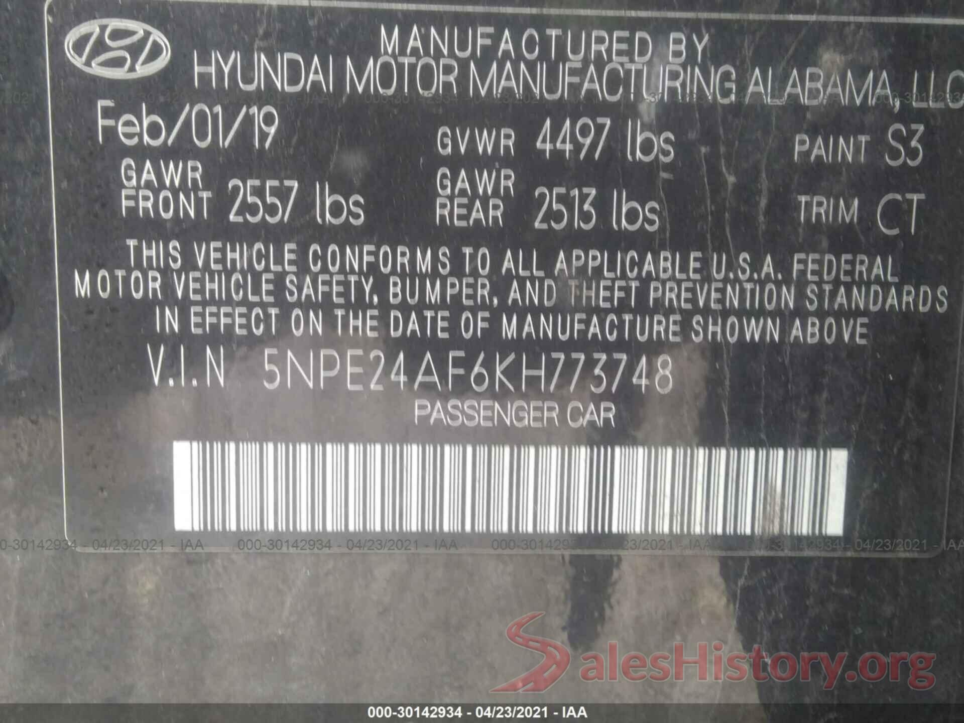 5NPE24AF6KH773748 2019 HYUNDAI SONATA