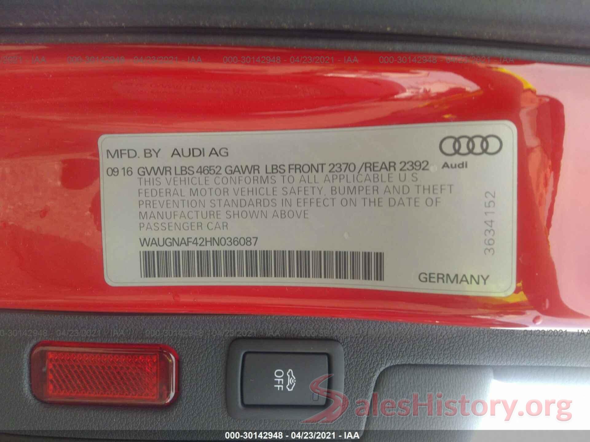 WAUGNAF42HN036087 2017 AUDI A4