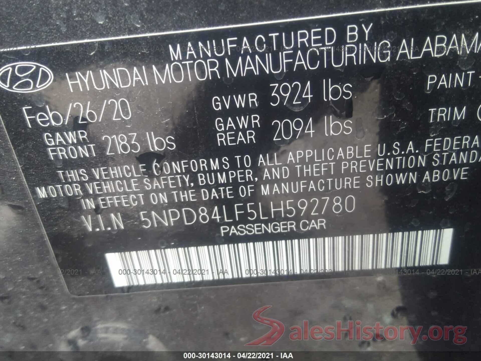 5NPD84LF5LH592780 2020 HYUNDAI ELANTRA