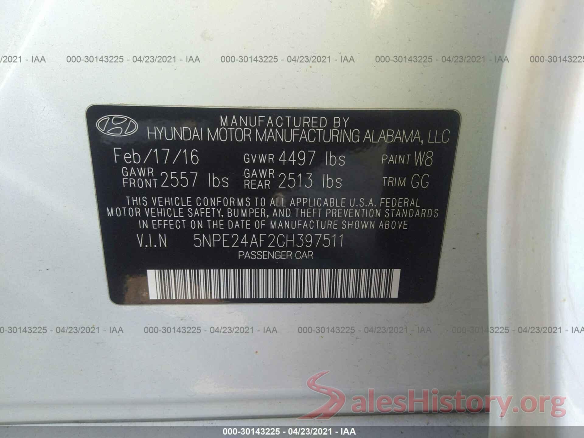 5NPE24AF2GH397511 2016 HYUNDAI SONATA