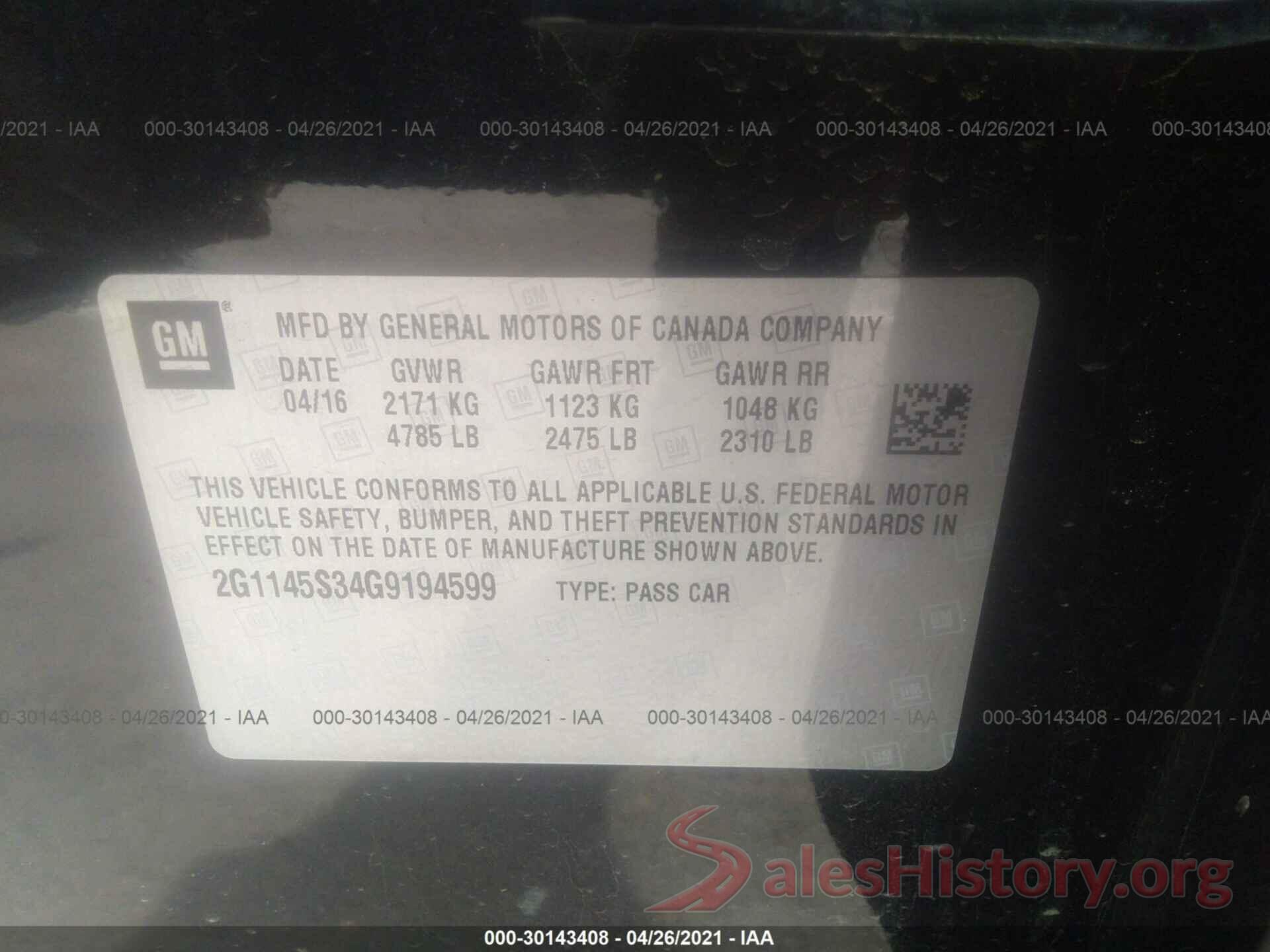 2G1145S34G9194599 2016 CHEVROLET IMPALA