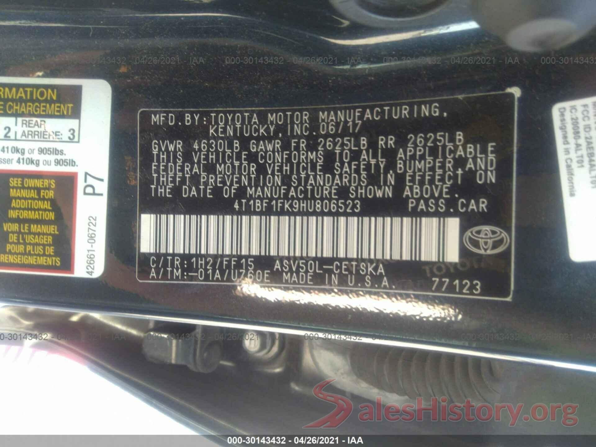 4T1BF1FK9HU806523 2017 TOYOTA CAMRY