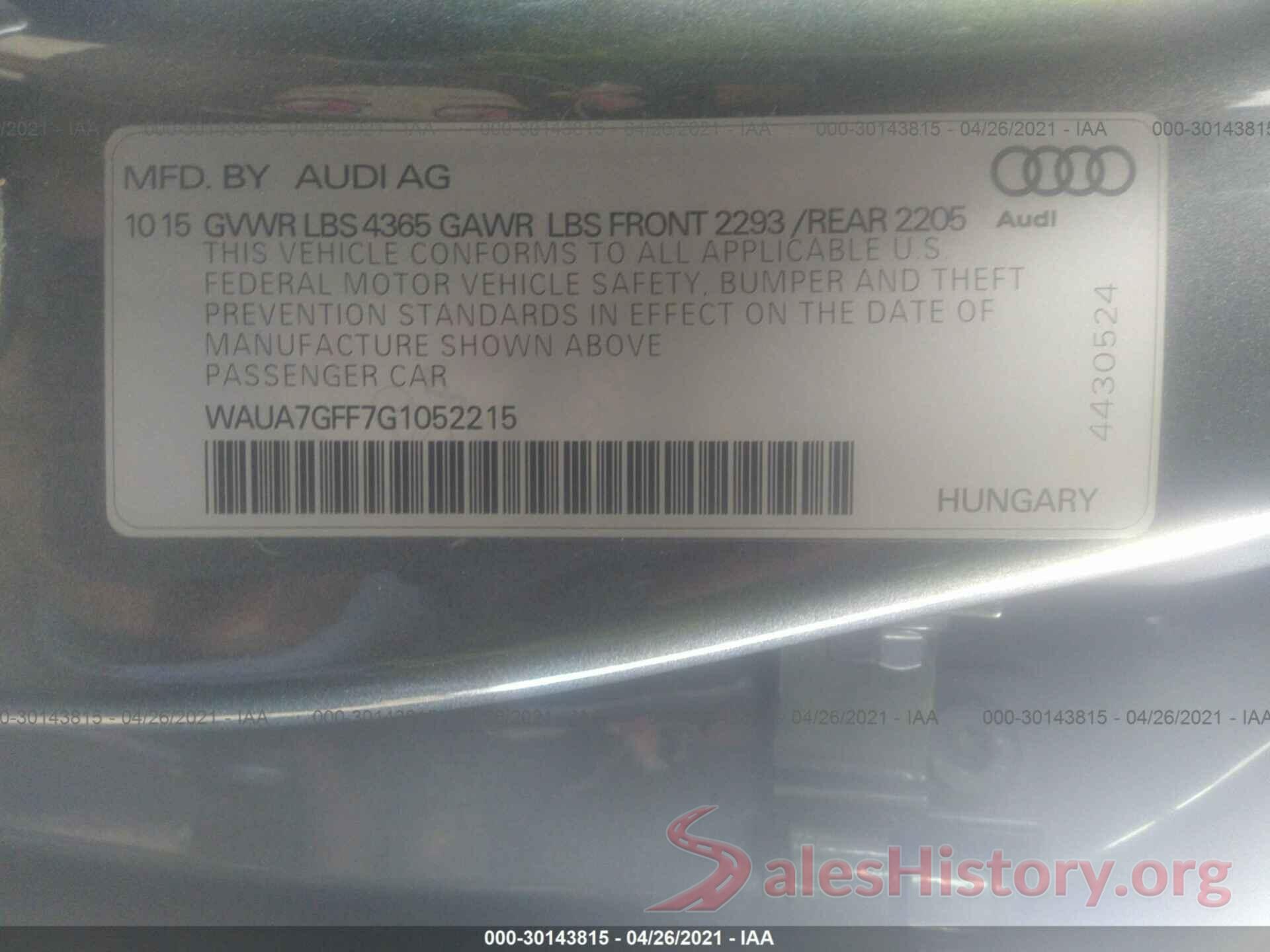 WAUA7GFF7G1052215 2016 AUDI A3