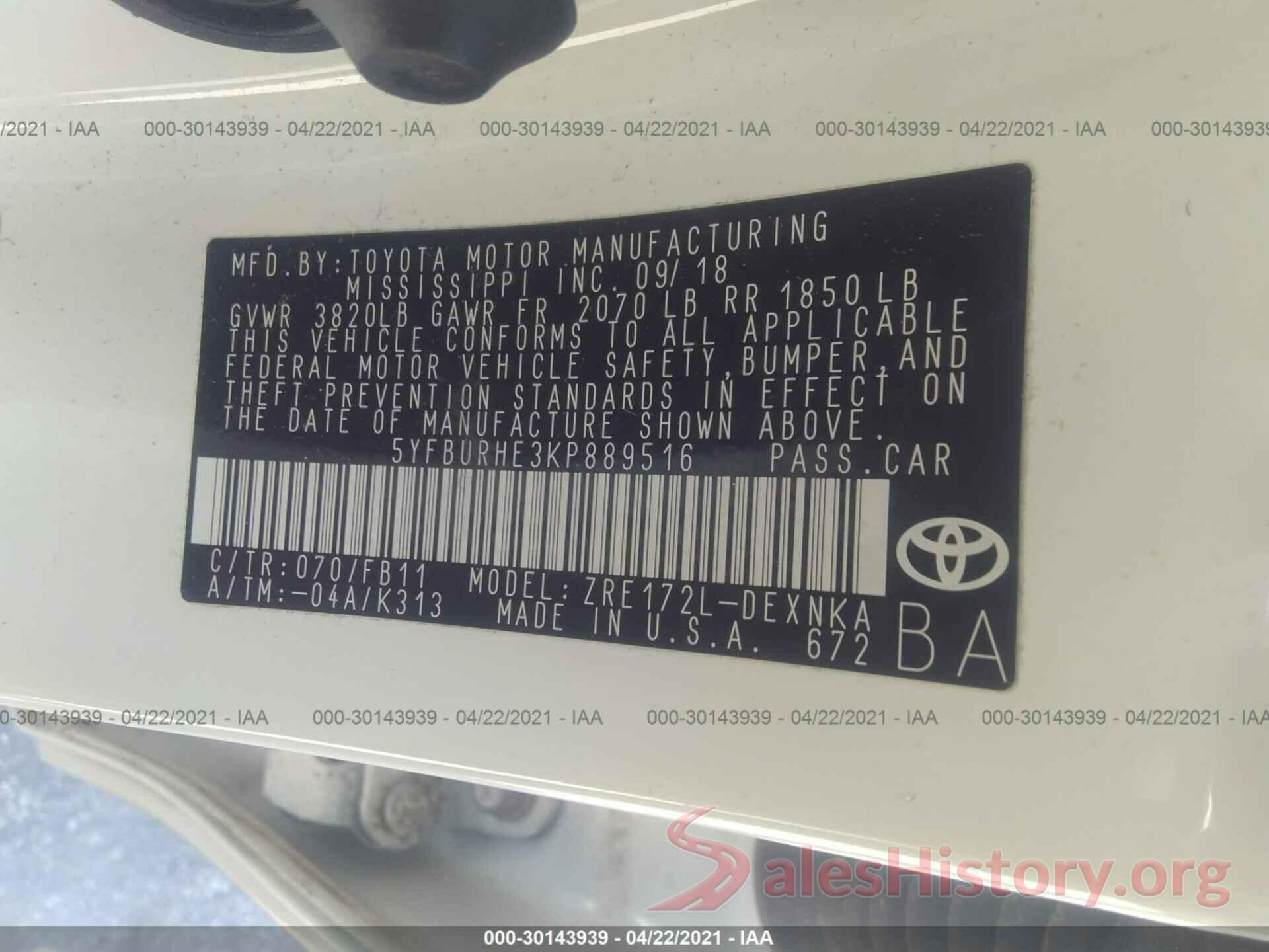 5YFBURHE3KP889516 2019 TOYOTA COROLLA