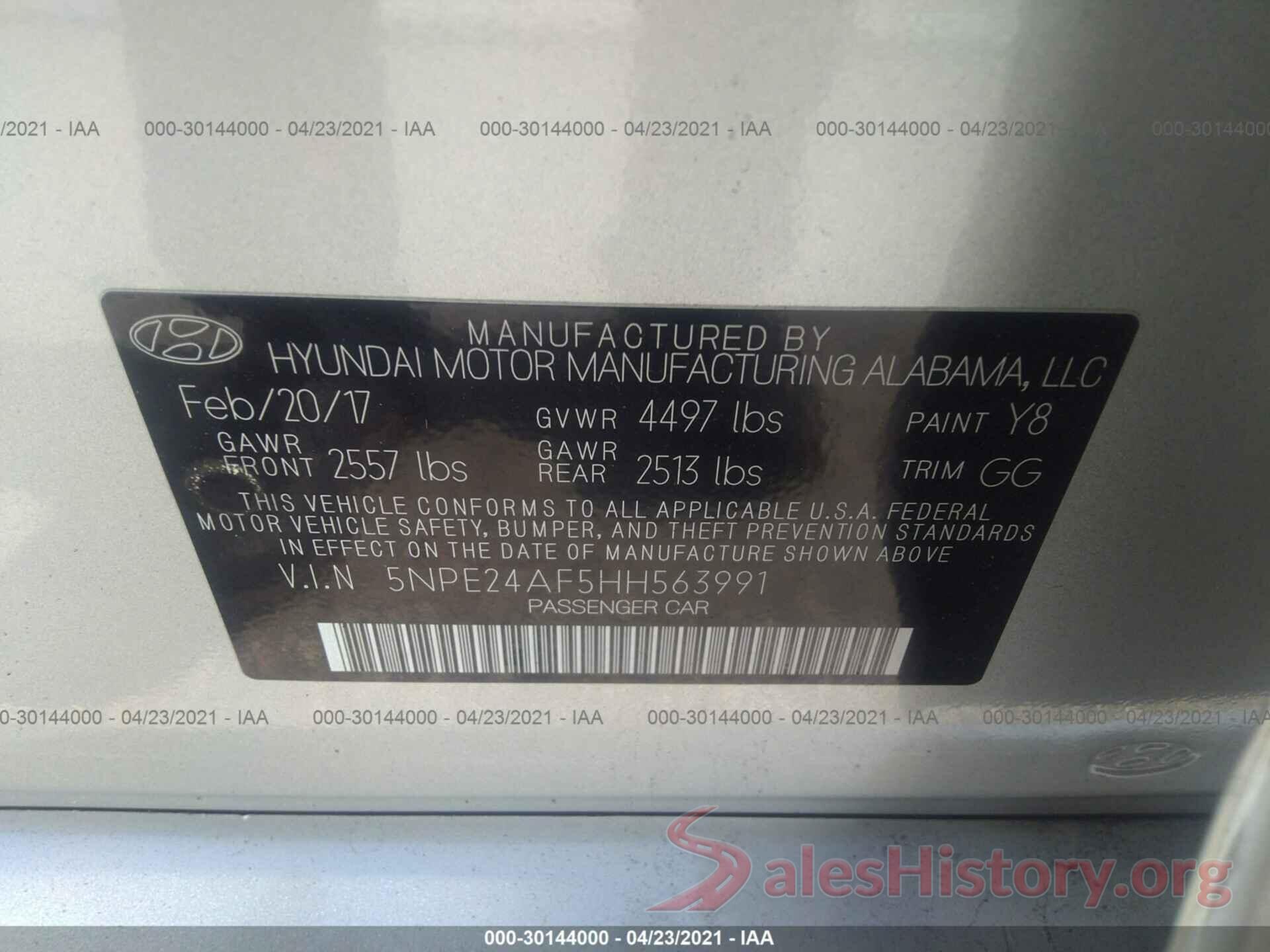 5NPE24AF5HH563991 2017 HYUNDAI SONATA