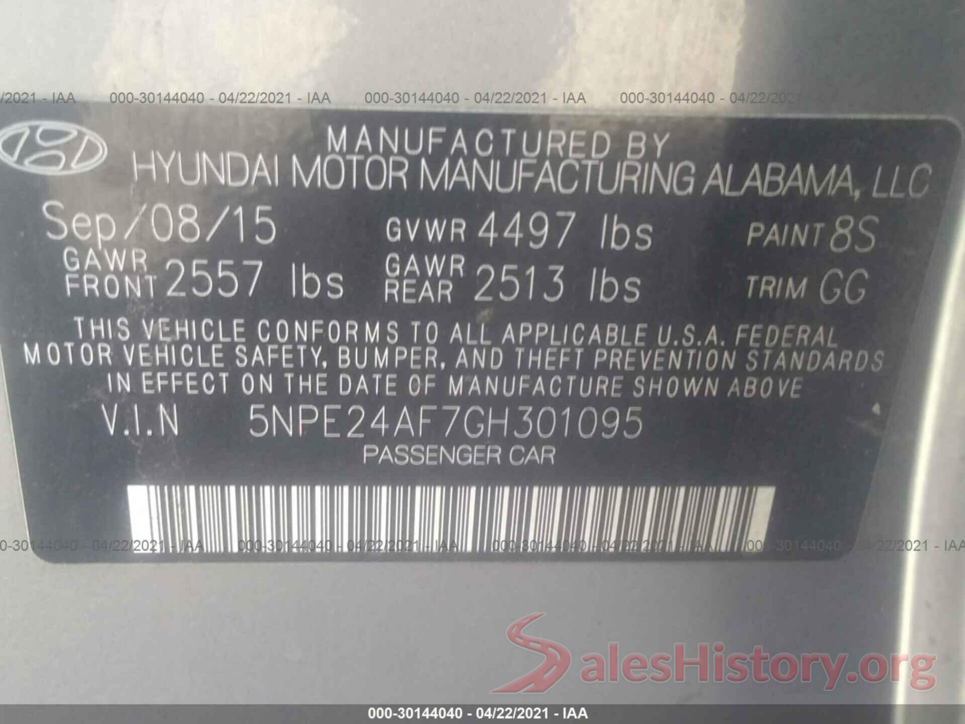 5NPE24AF7GH301095 2016 HYUNDAI SONATA