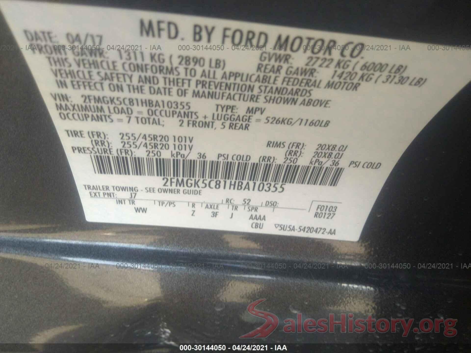 2FMGK5C81HBA10355 2017 FORD FLEX