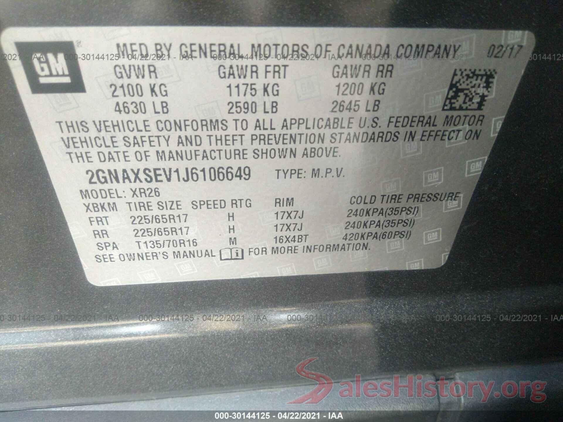 2GNAXSEV1J6106649 2018 CHEVROLET EQUINOX