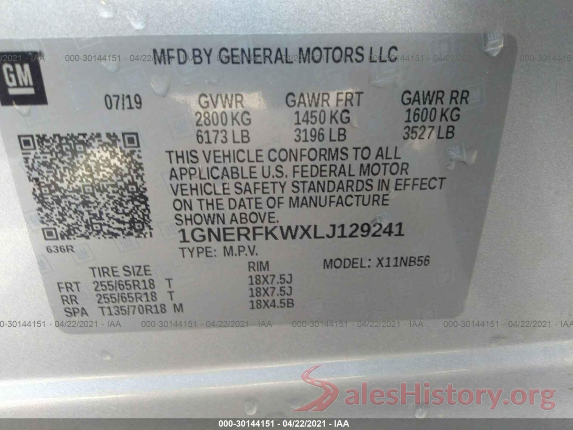 1GNERFKWXLJ129241 2020 CHEVROLET TRAVERSE