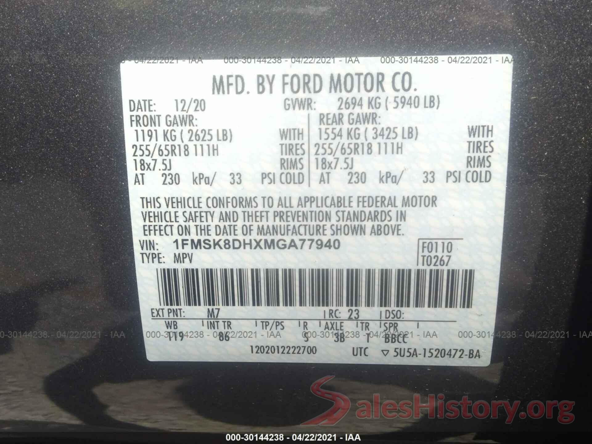 1FMSK8DHXMGA77940 2021 FORD EXPLORER