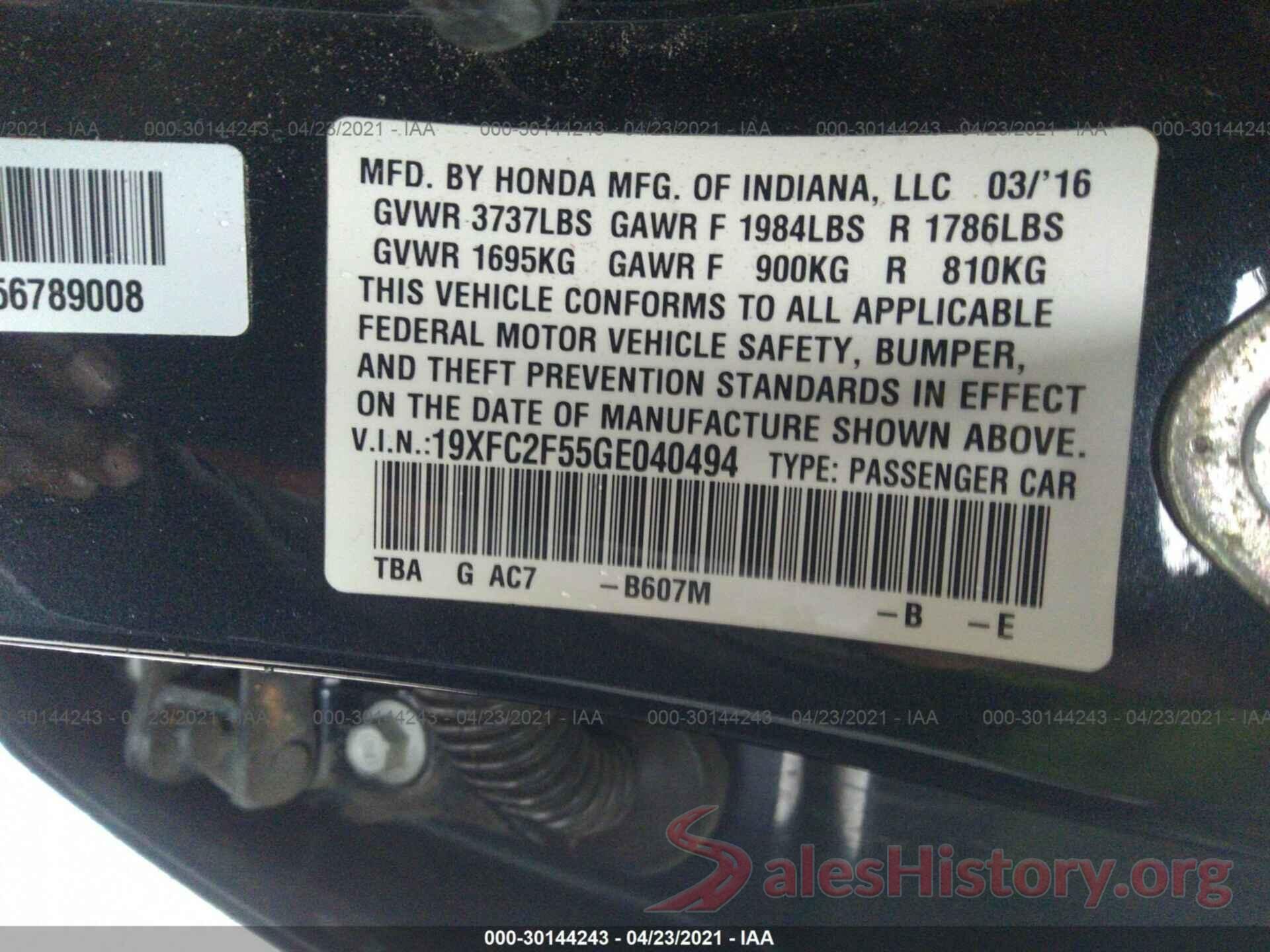 19XFC2F55GE040494 2016 HONDA CIVIC SEDAN