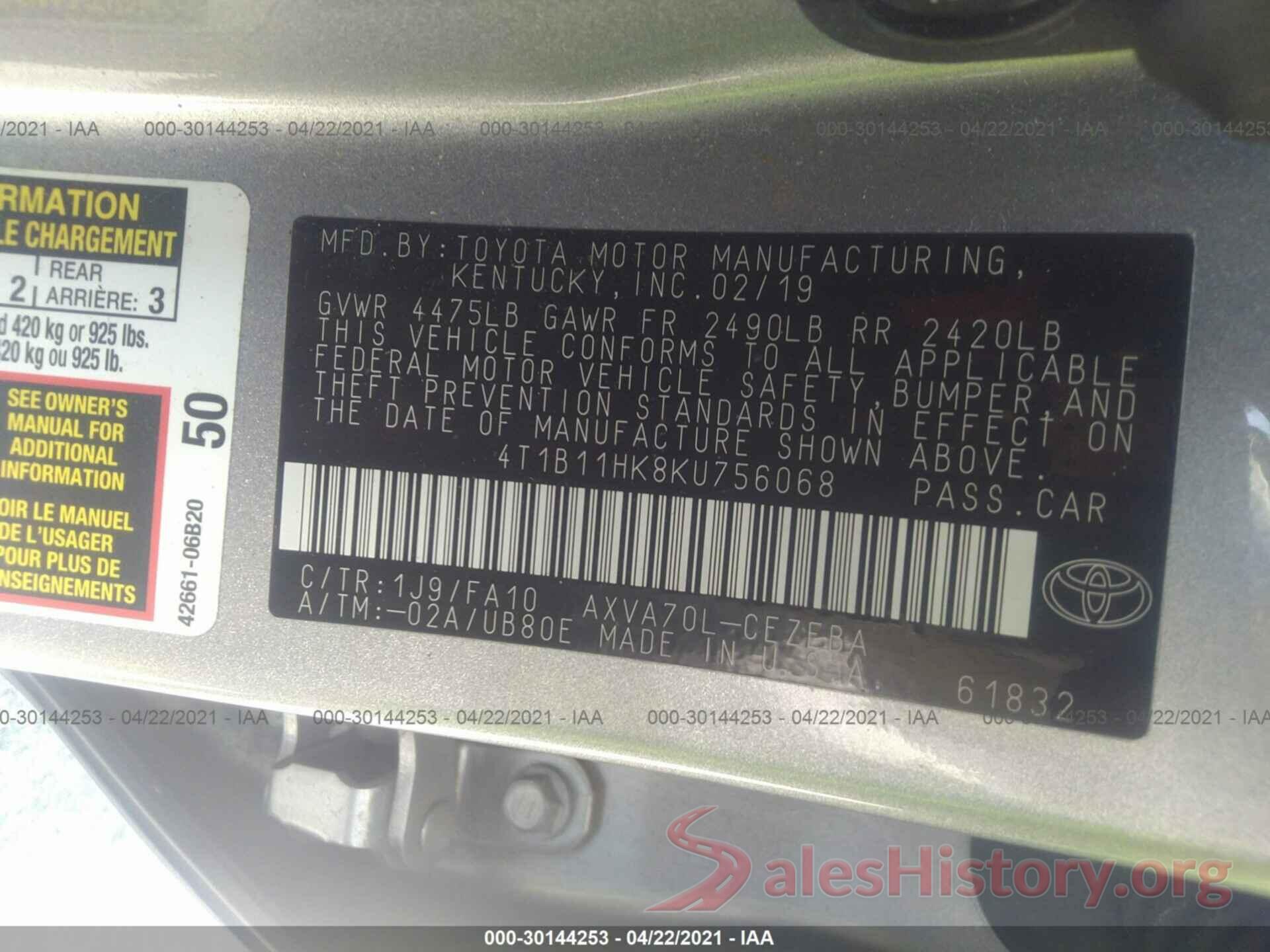 4T1B11HK8KU756068 2019 TOYOTA CAMRY