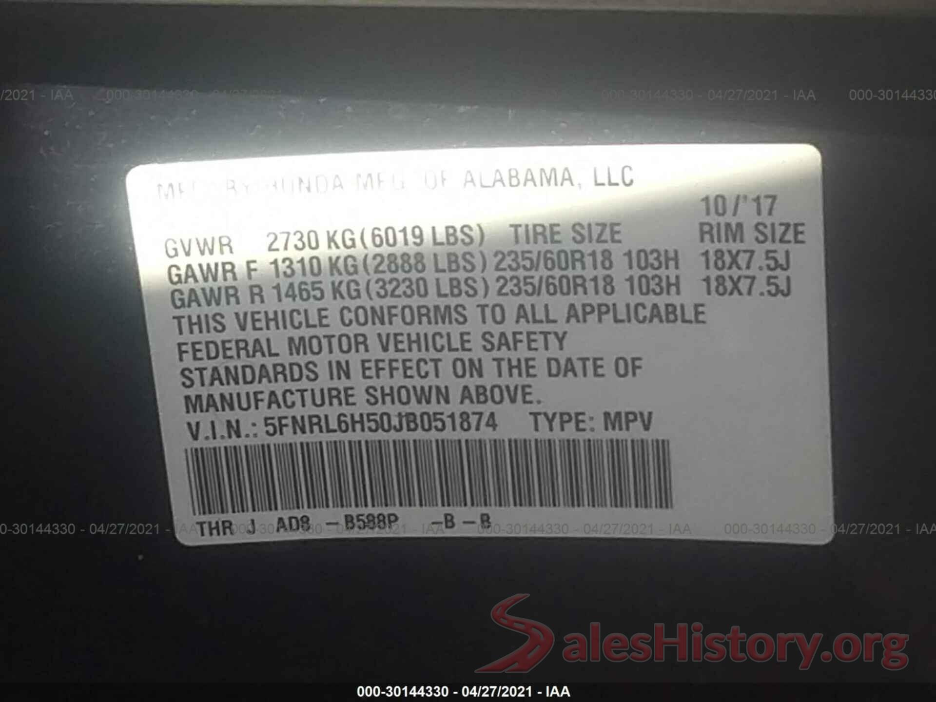 5FNRL6H50JB051874 2018 HONDA ODYSSEY