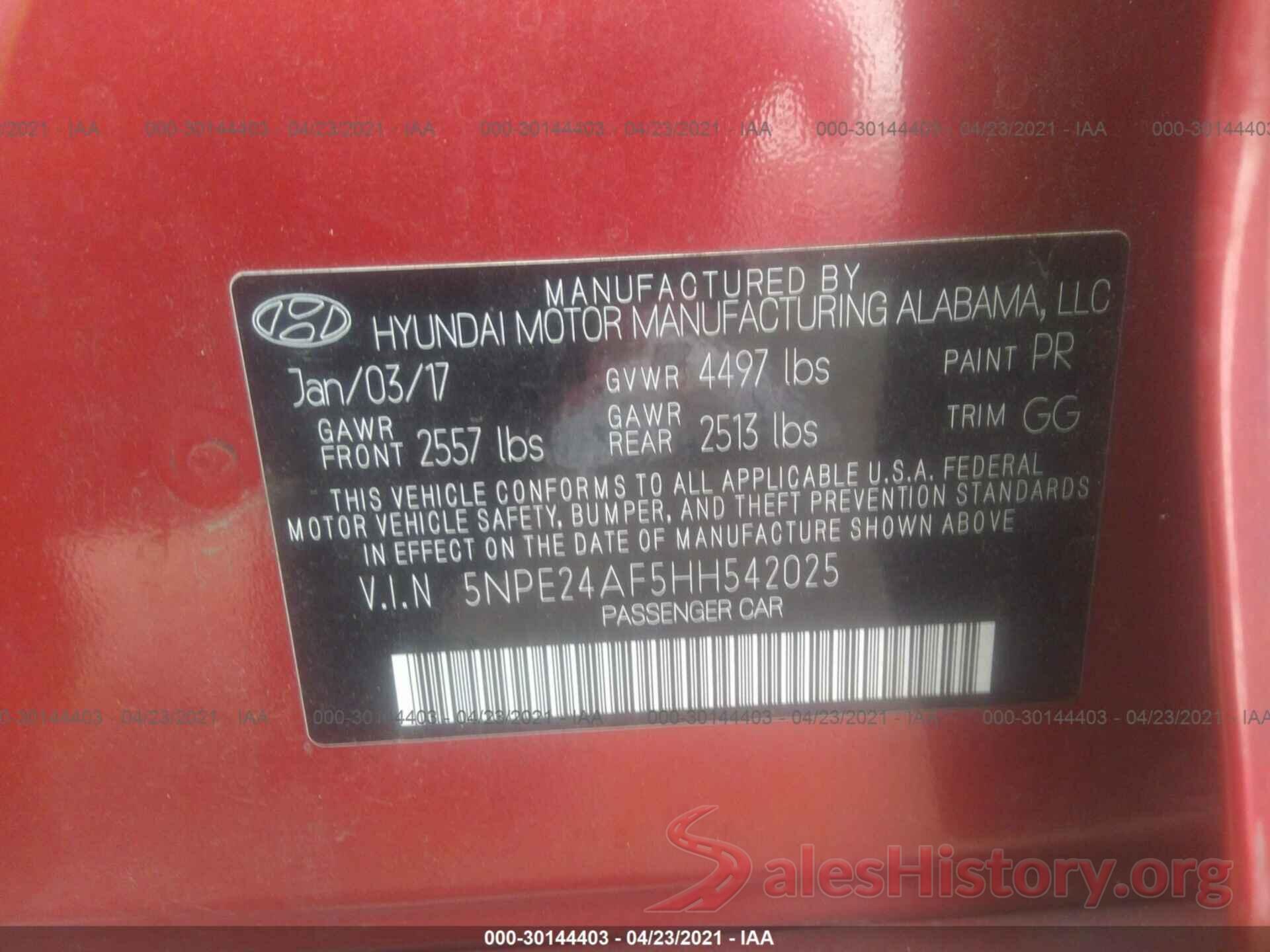 5NPE24AF5HH542025 2017 HYUNDAI SONATA