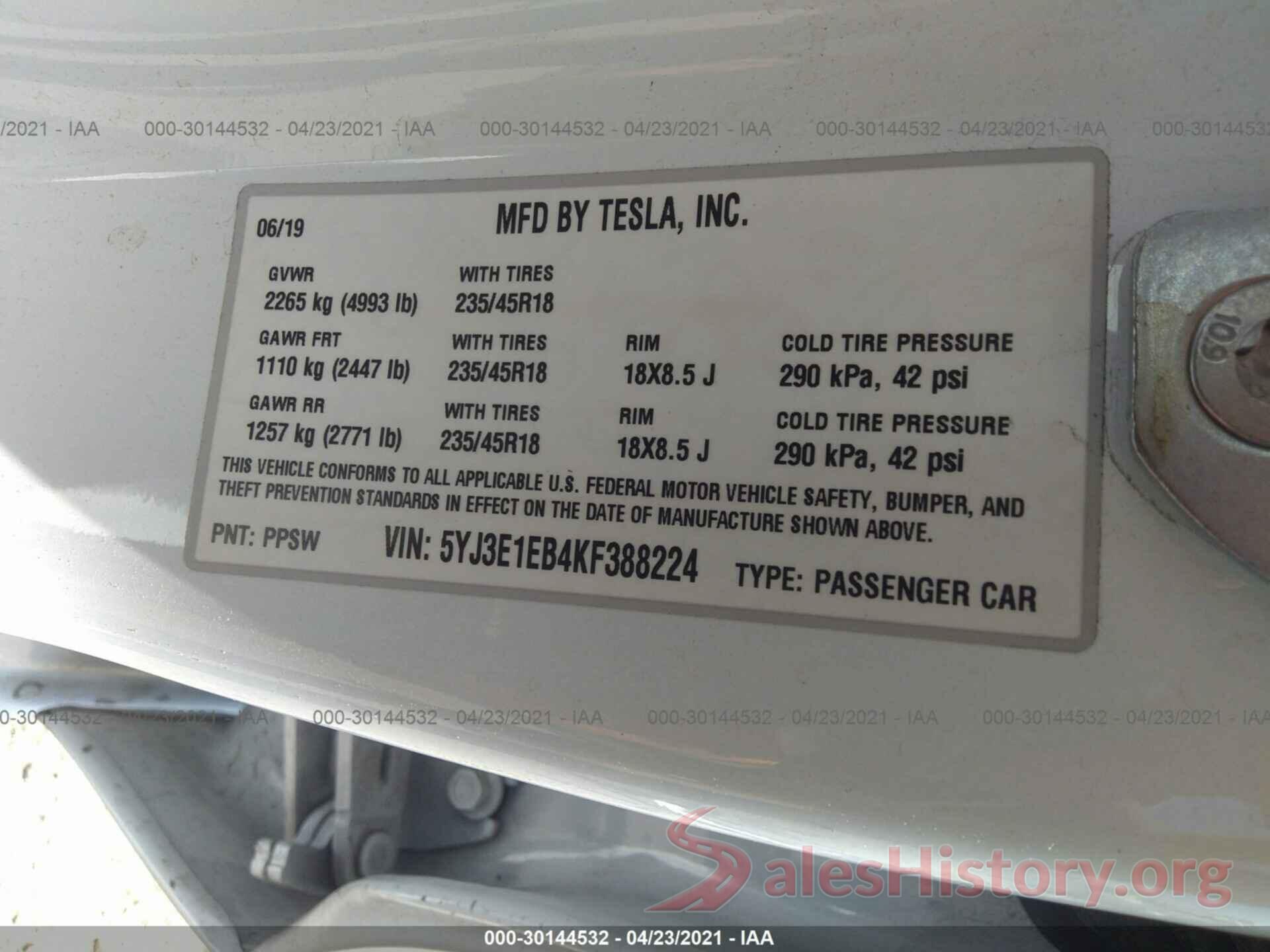 5YJ3E1EB4KF388224 2019 TESLA MODEL 3