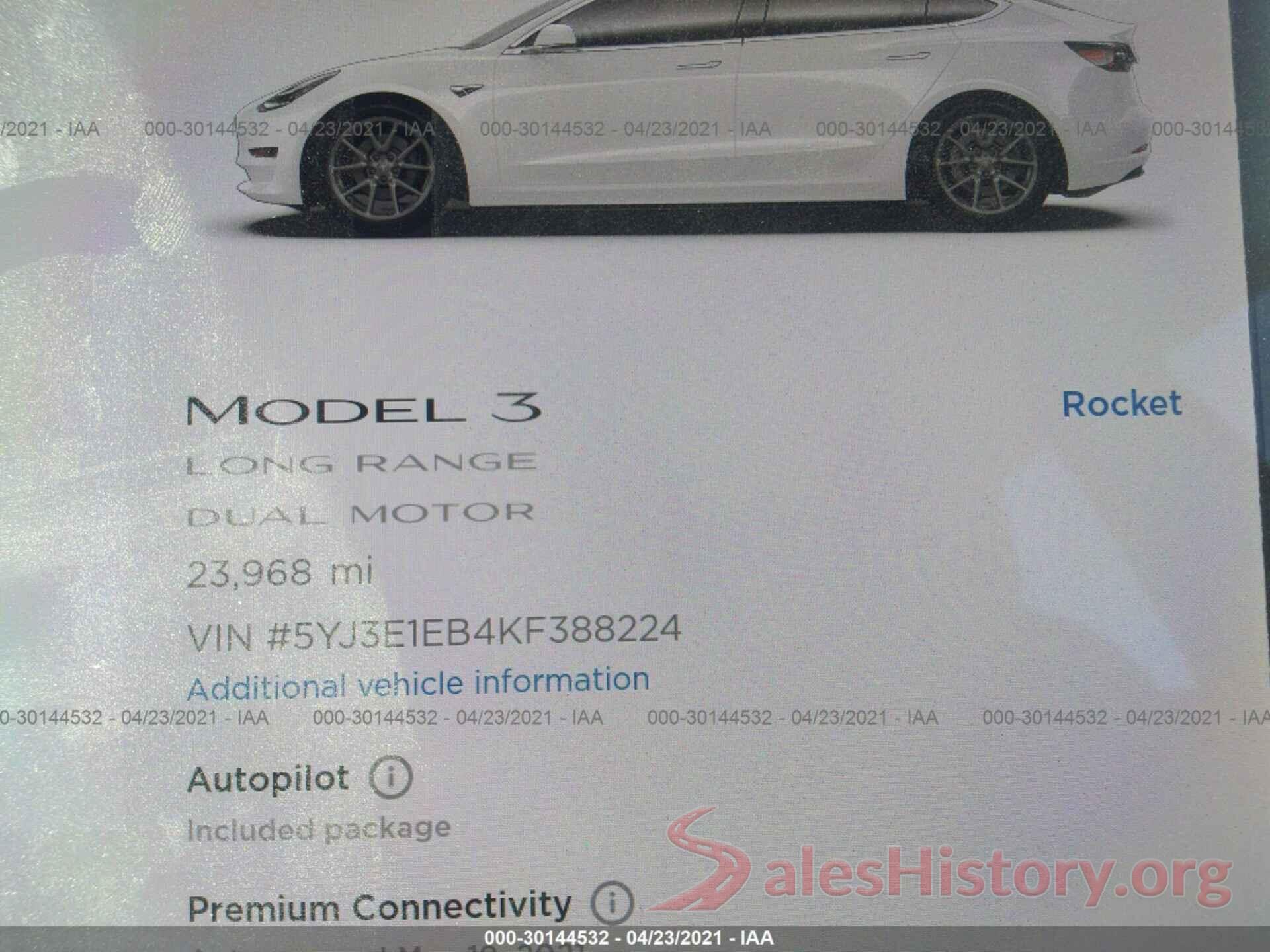 5YJ3E1EB4KF388224 2019 TESLA MODEL 3