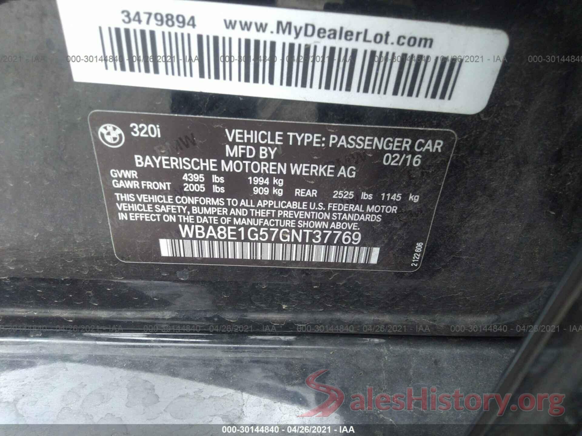 WBA8E1G57GNT37769 2016 BMW 3 SERIES