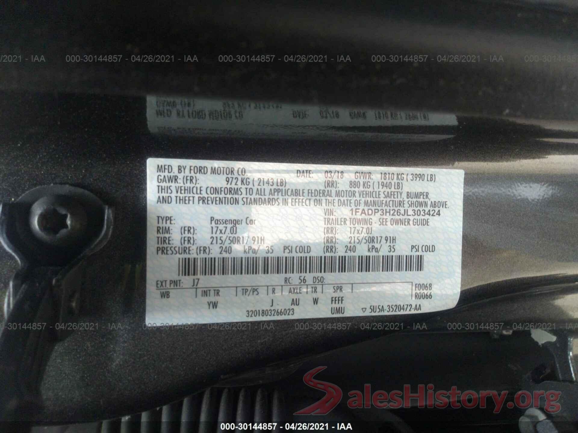 1FADP3H26JL303424 2018 FORD FOCUS