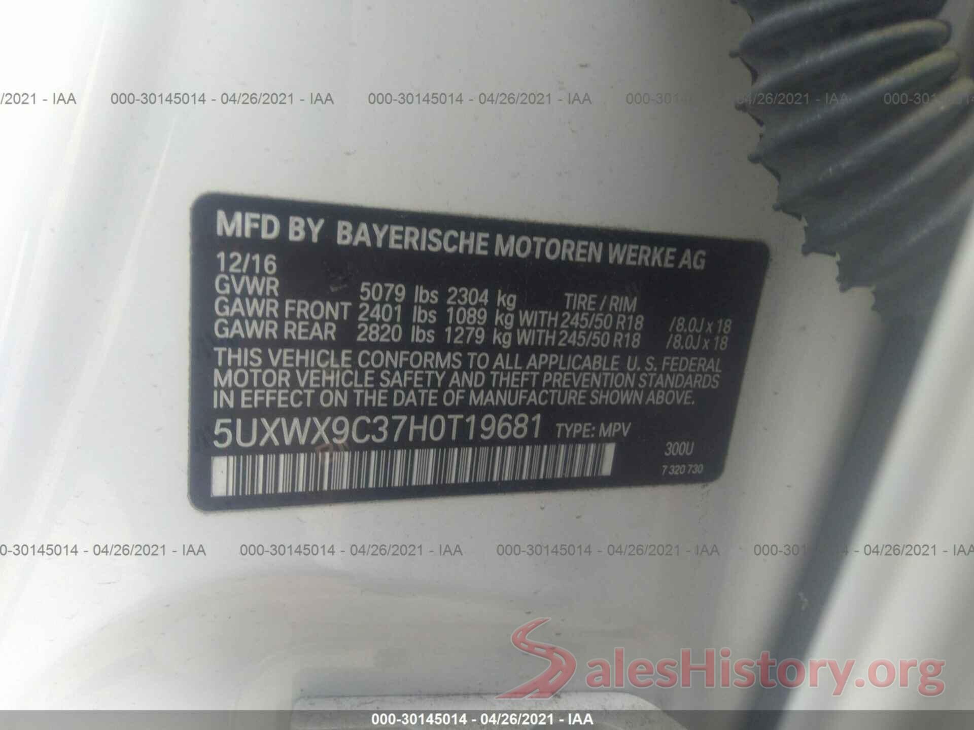 5UXWX9C37H0T19681 2017 BMW X3