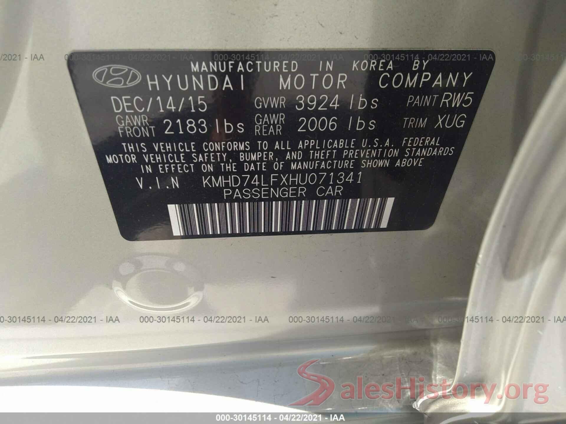 KMHD74LFXHU071341 2017 HYUNDAI ELANTRA