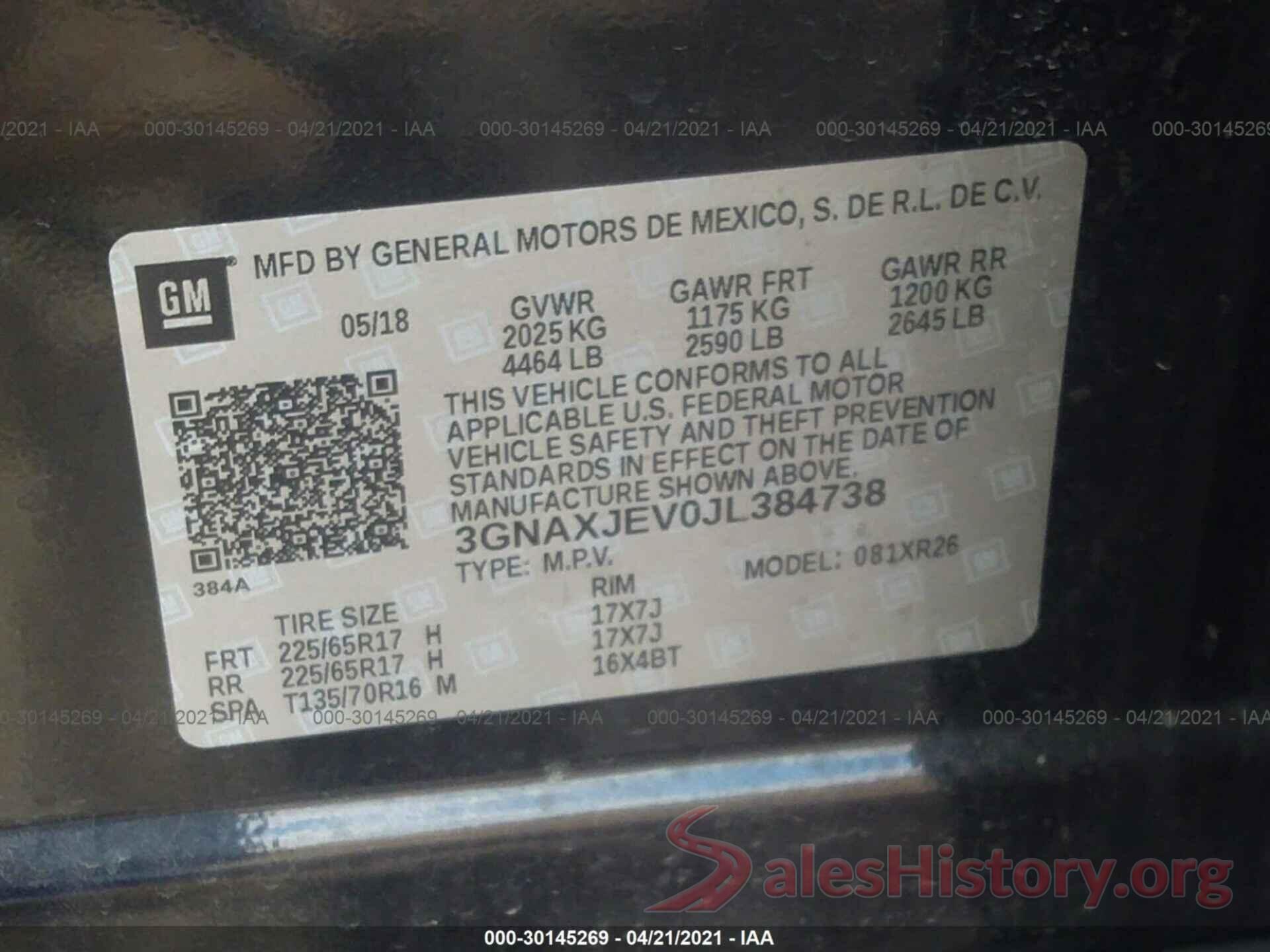 3GNAXJEV0JL384738 2018 CHEVROLET EQUINOX