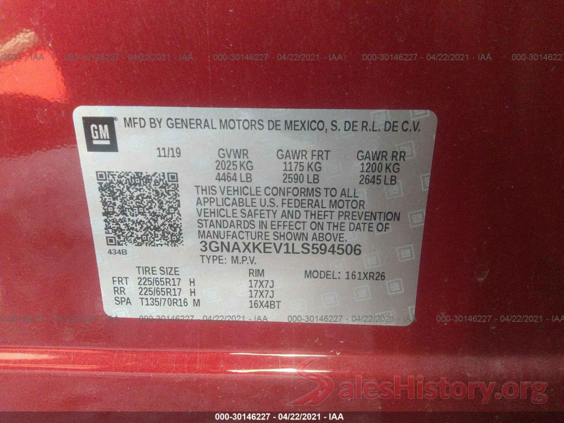 3GNAXKEV1LS594506 2020 CHEVROLET EQUINOX