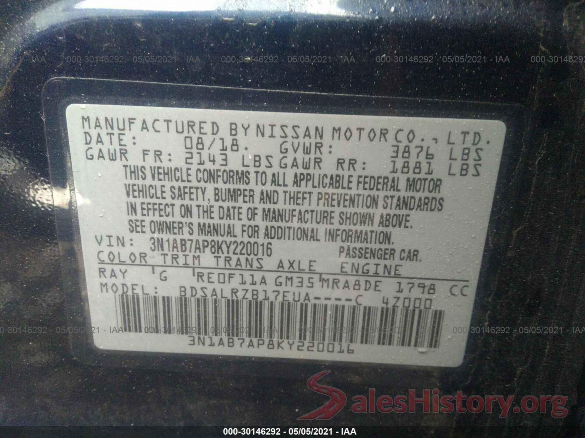 3N1AB7AP8KY220016 2019 NISSAN SENTRA