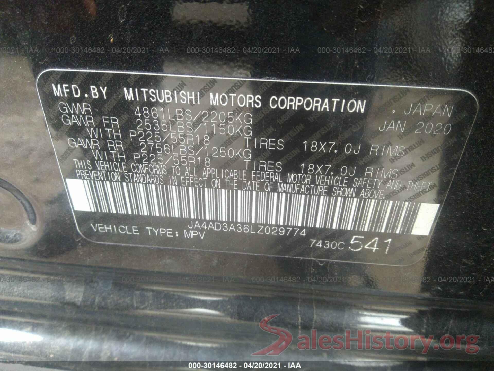 JA4AD3A36LZ029774 2020 MITSUBISHI OUTLANDER