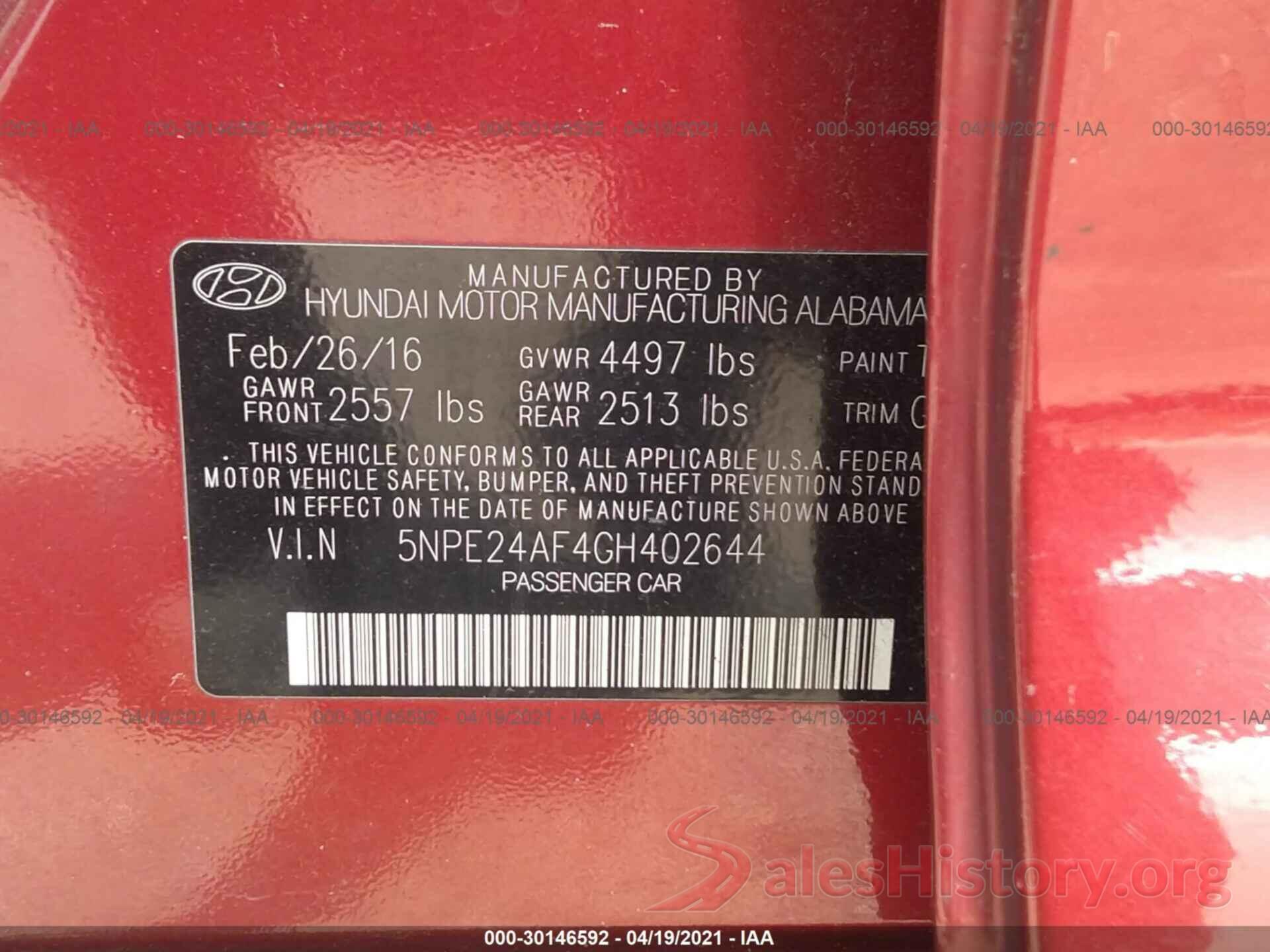 5NPE24AF4GH402644 2016 HYUNDAI SONATA