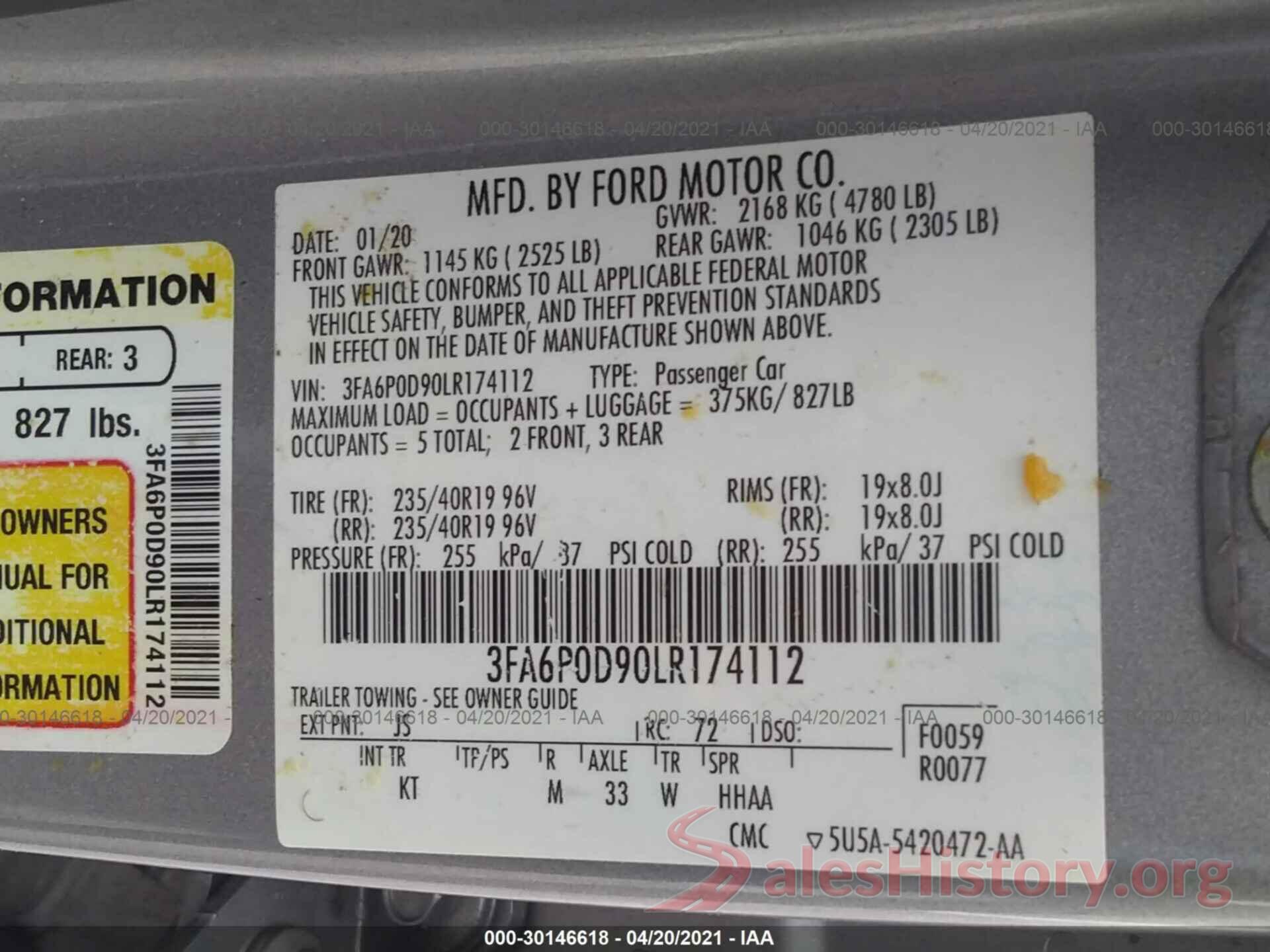 3FA6P0D90LR174112 2020 FORD FUSION