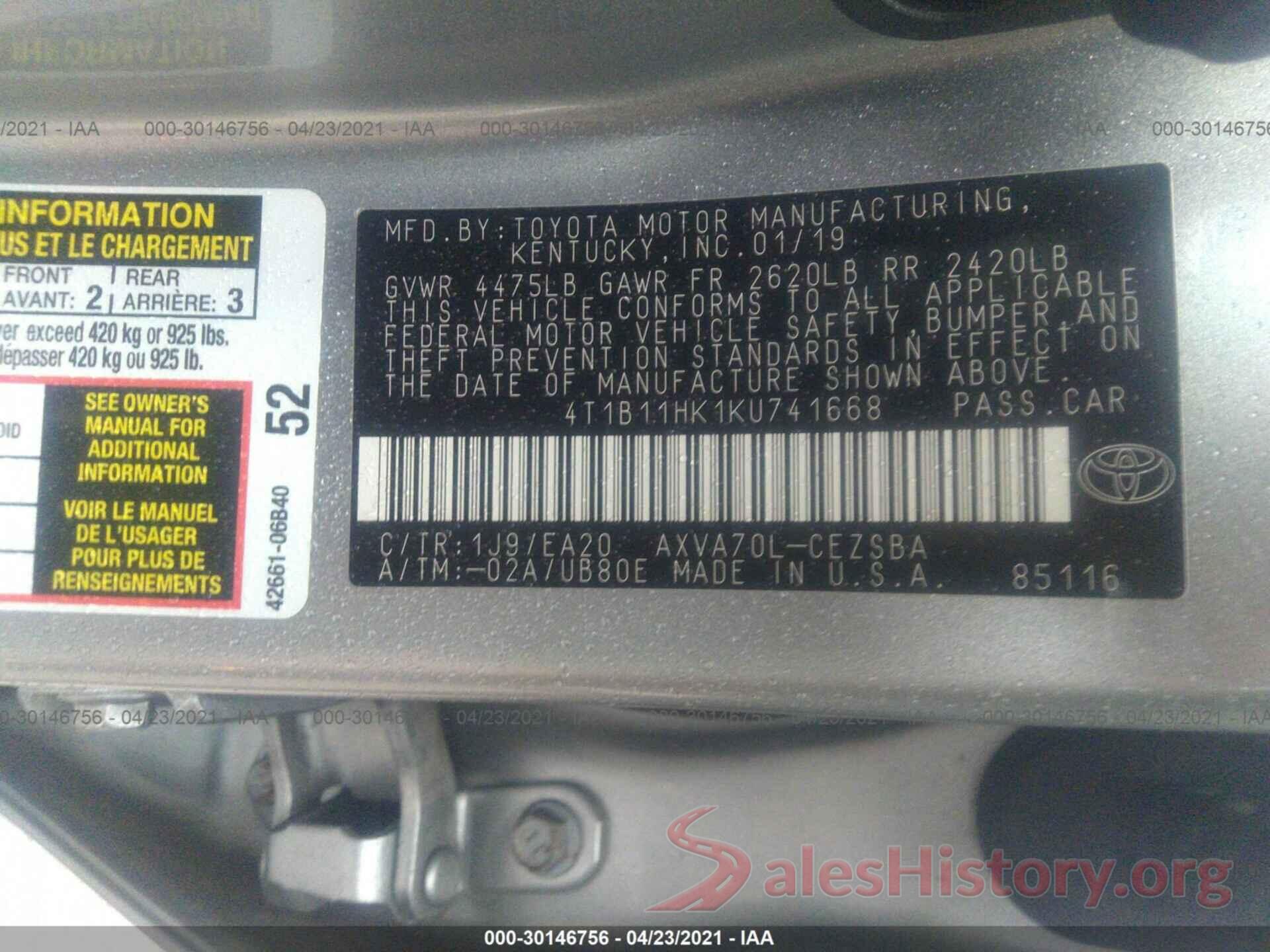 4T1B11HK1KU741668 2019 TOYOTA CAMRY