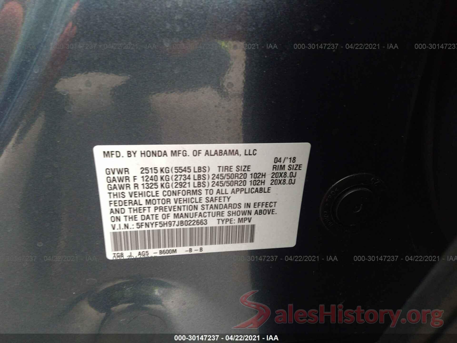 5FNYF5H97JB022663 2018 HONDA PILOT