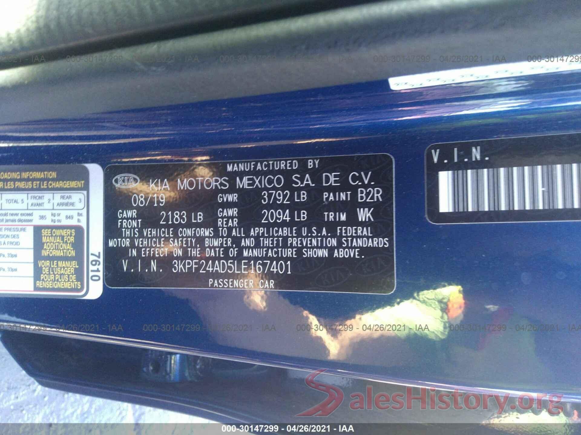 3KPF24AD5LE167401 2020 KIA FORTE